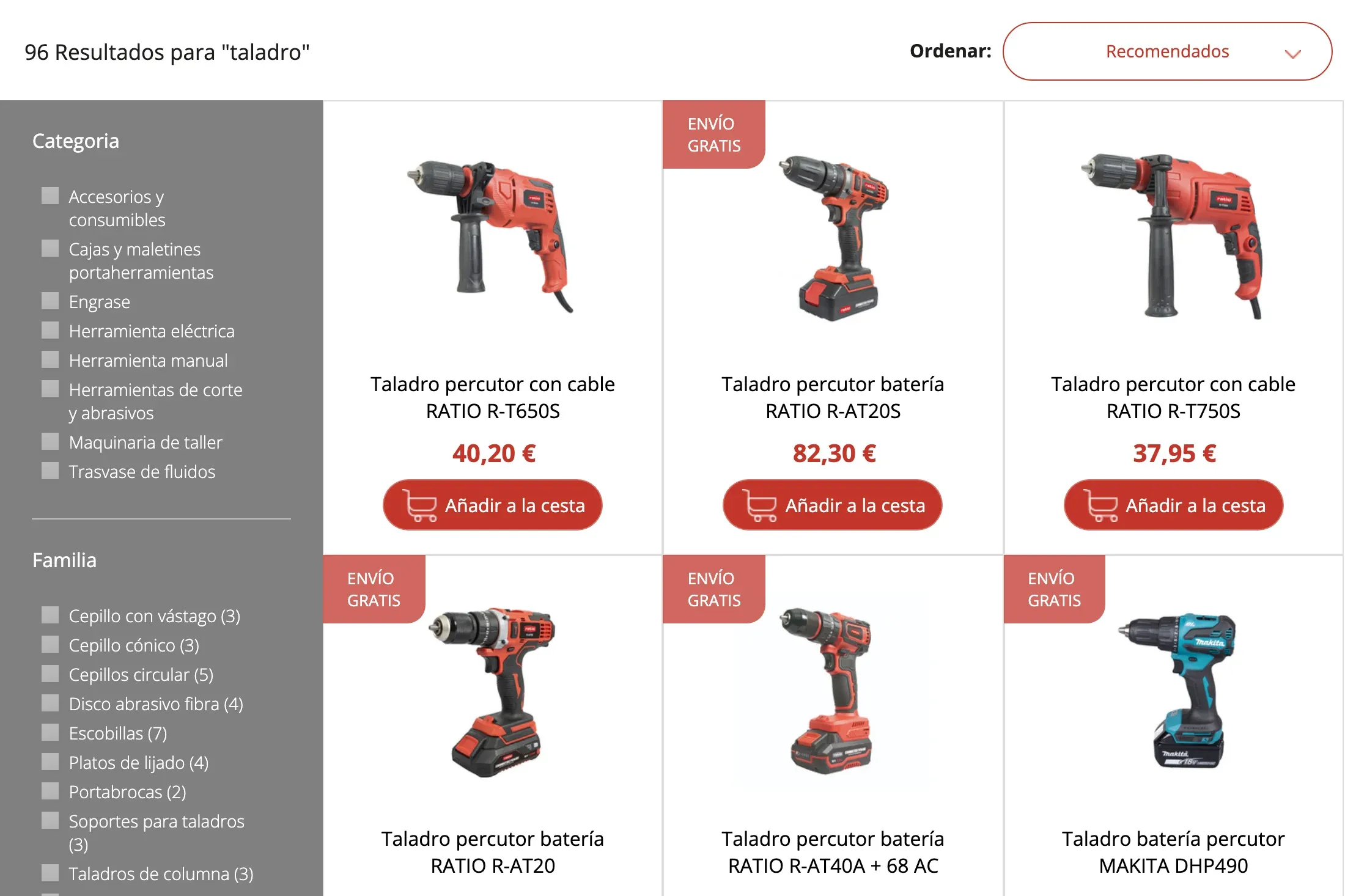 Resultados del buscador para «taladro», con 96 productos, filtros por categoría y familia en la columna izquierda y la rejilla de fichas con precio y botón de compra.