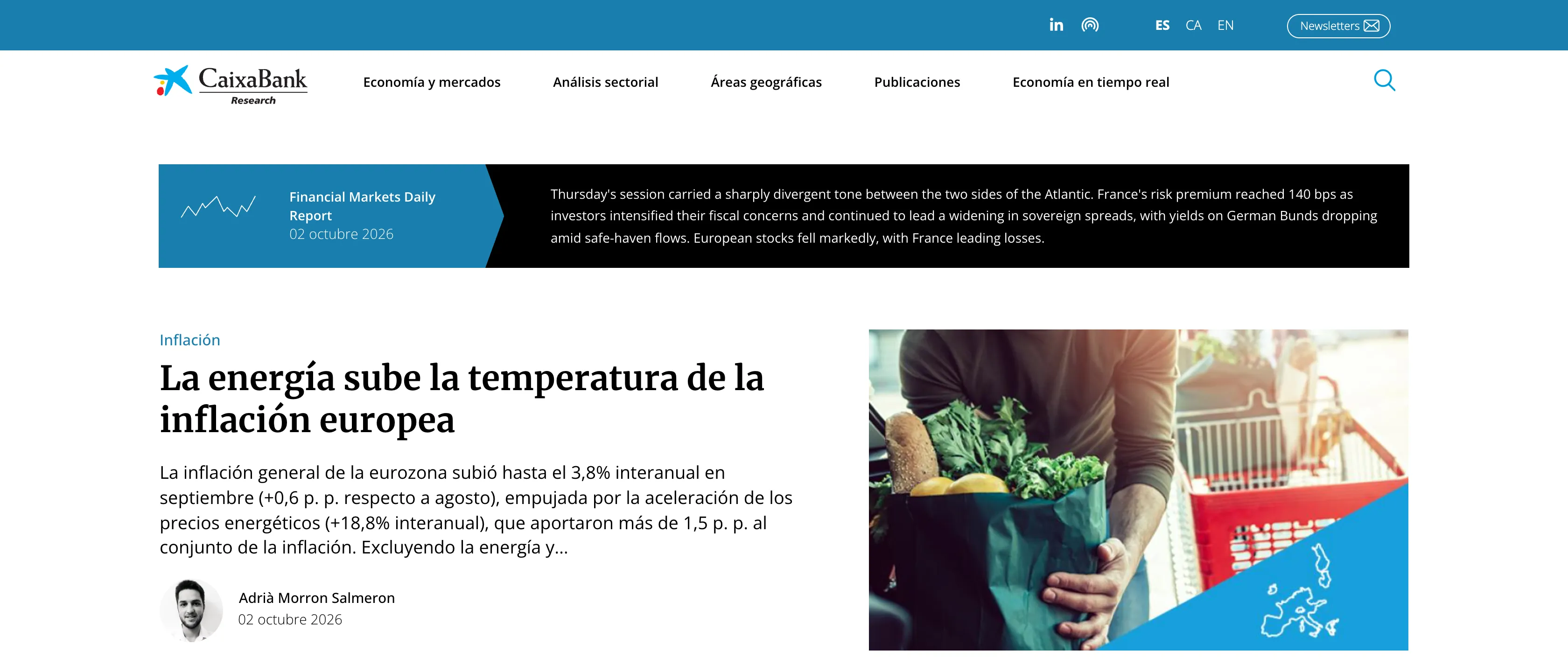 Portada de la web de CaixaBank Research: cabecera azul con idiomas y newsletters, menú de secciones, la franja del Financial Markets Daily Report y el artículo destacado sobre la inflación europea con foto y autor.