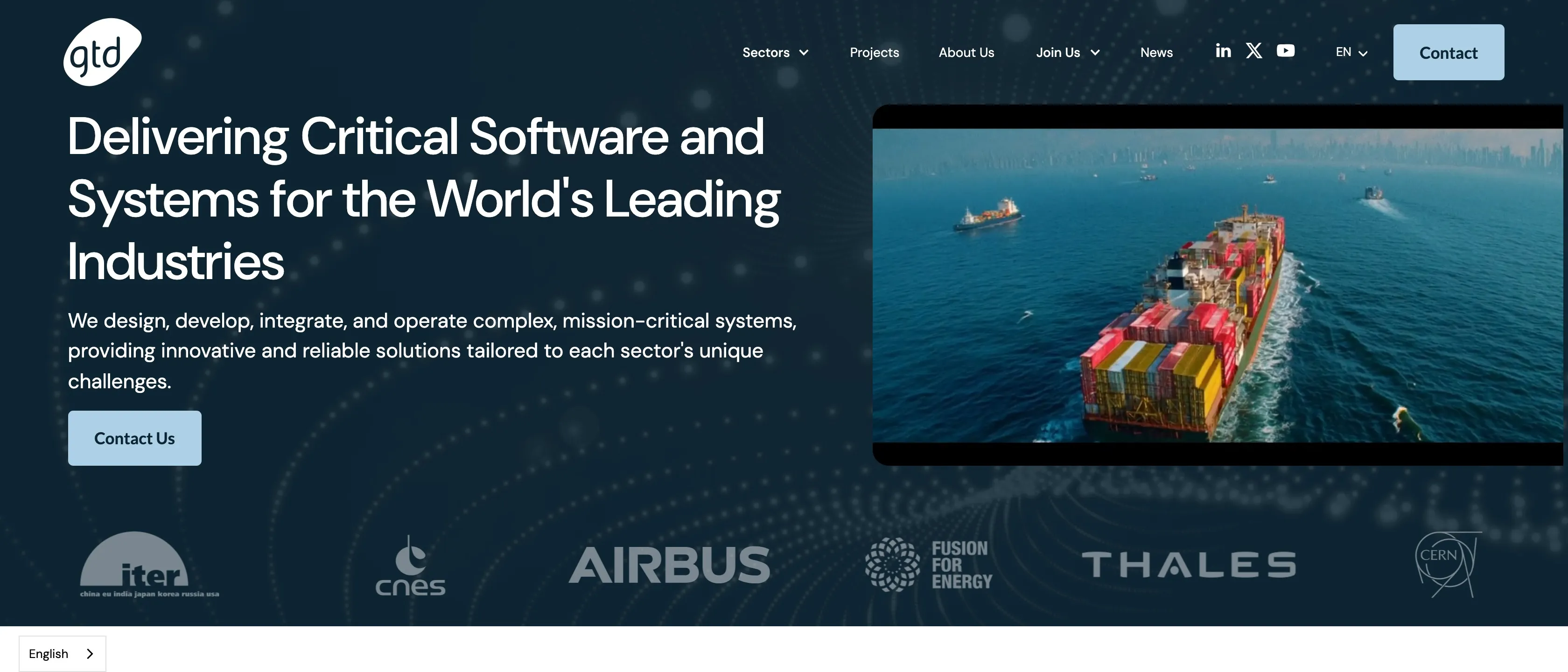 Portada de gtd.eu: menú sobre fondo azul oscuro, el titular «Delivering Critical Software and Systems for the World's Leading Industries», un vídeo con un buque portacontenedores y los logotipos de ITER, CNES, Airbus, Fusion for Energy, Thales y CERN.