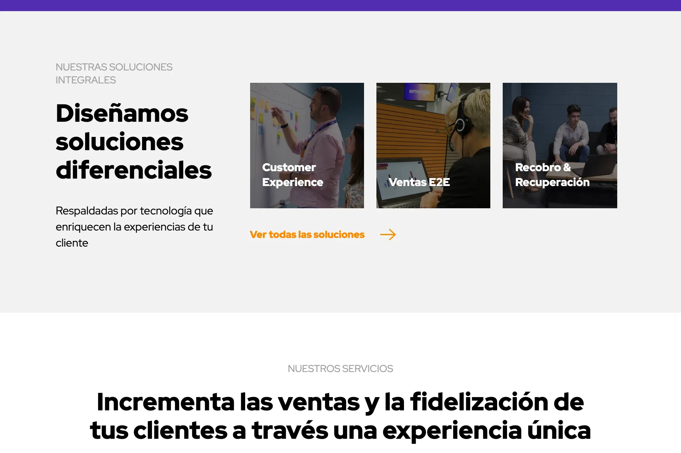 Bloque «Diseñamos soluciones diferenciales» con tres fotos de equipos de trabajo bajo los títulos Customer Experience, Ventas E2E y Recobro & Recuperación, y el enlace «Ver todas las soluciones».