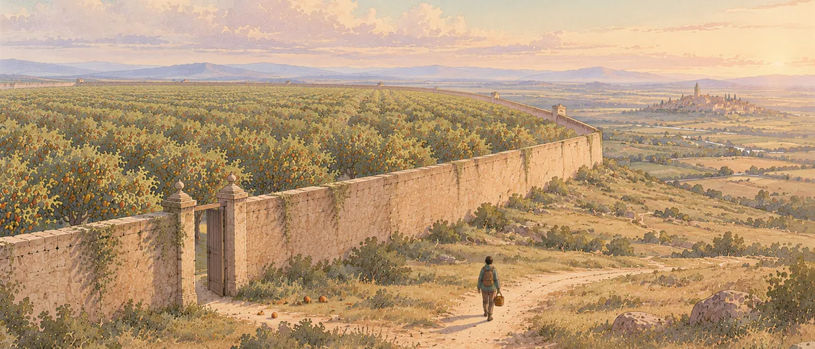 Un huerto inmenso de árboles cargados de fruta, cercado por un muro alto de piedra, se extiende hasta las montañas del fondo. En primer plano, fuera del muro, una figura pequeña con mochila, de espaldas, se aleja de la puerta abierta por un camino de tierra hacia un valle con un pueblo lejano, con una cesta pequeña en la mano. Junto a la puerta hay unas pocas frutas caídas en la hierba.