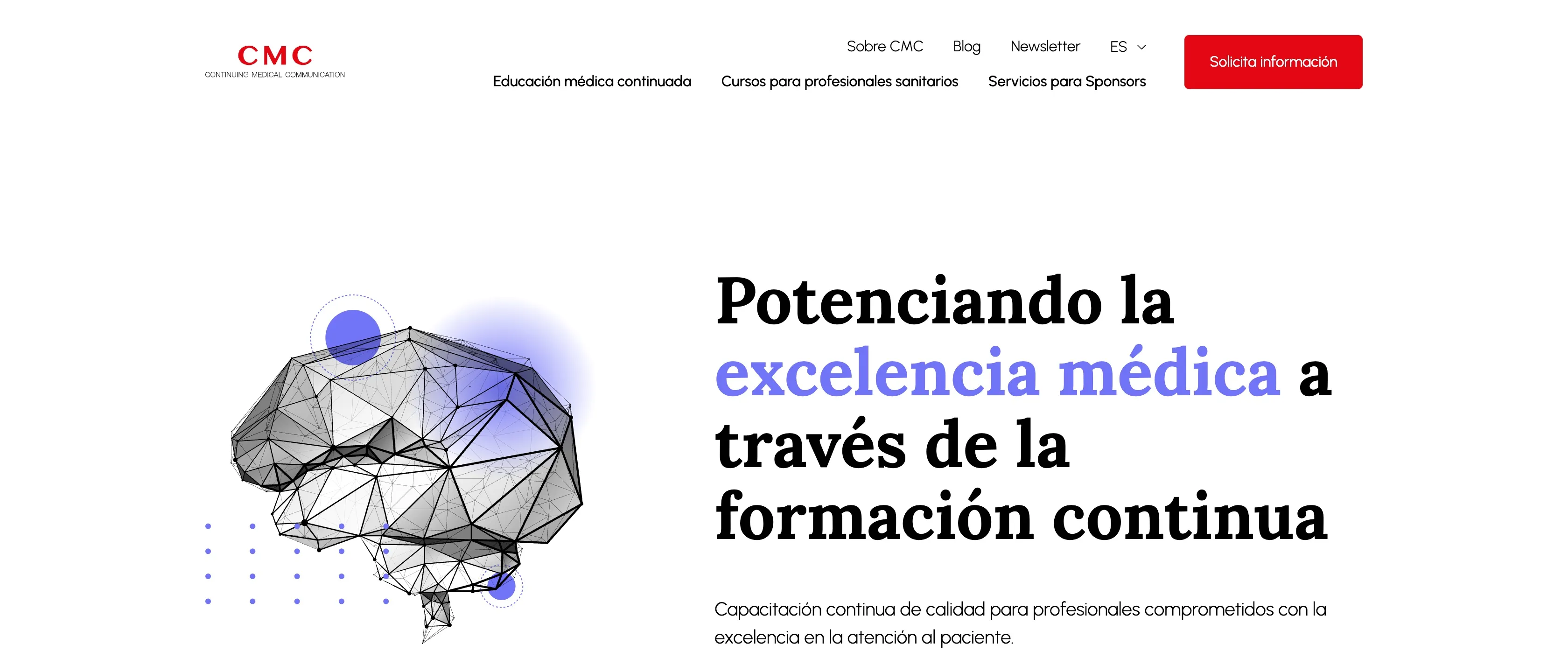 Portada de cmedc.net: sobre fondo blanco, una ilustración de una cabeza formada por una malla de puntos y el titular «Potenciando la excelencia médica a través de la formación continua».