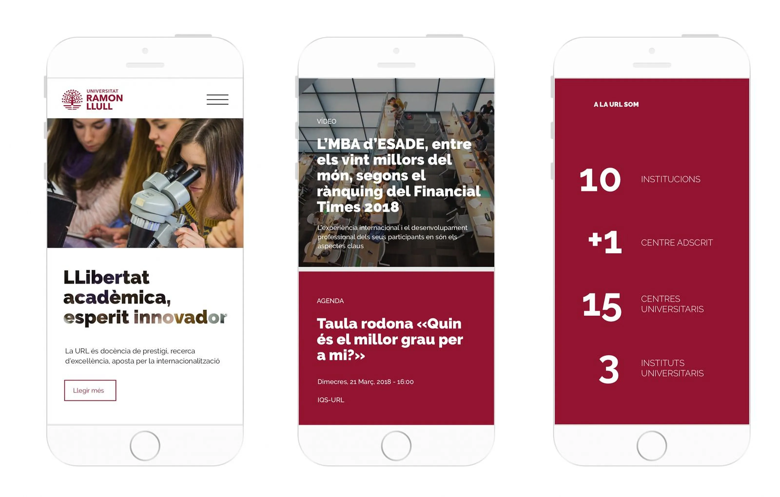 Tres móviles muestran la web responsive de la Universitat Ramon Llull: la portada con el lema «Llibertat acadèmica, esperit innovador», noticias y agenda sobre fondo granate, y las cifras de la universidad.