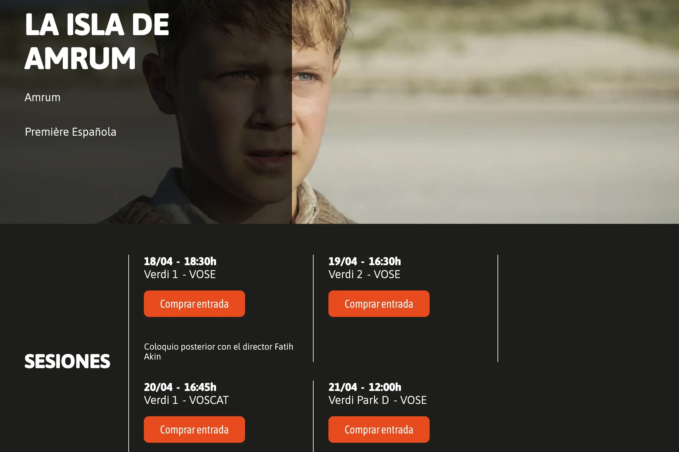 Ficha de la película «La isla de Amrum» con la mención de première española y el listado de sesiones con fecha, sala, versión y botón «Comprar entrada».