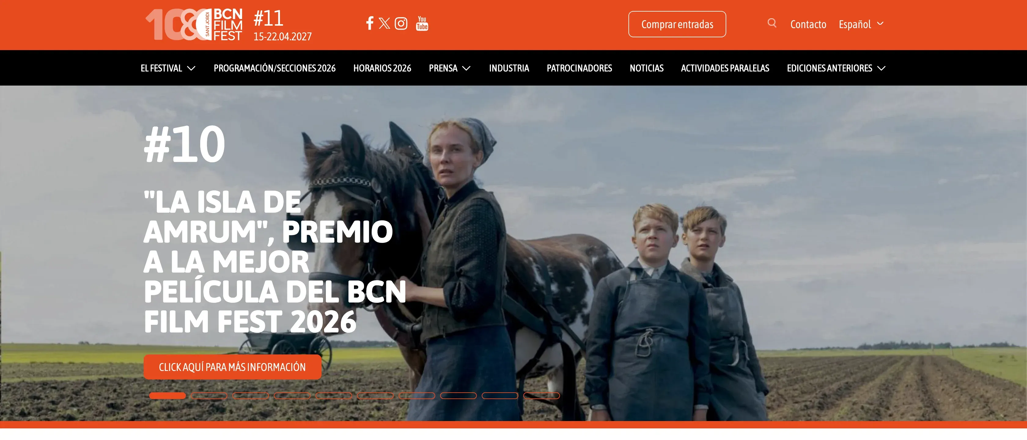 Home de bcnfilmfest.com con el menú de secciones, la edición #11 en la cabecera y un carrusel destacando la película ganadora de 2026, «La isla de Amrum», con un botón para más información.