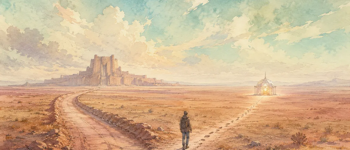 Ilustración en acuarela de una persona pequeña, de espaldas y con mochila, en una encrucijada de caminos en una llanura desértica bajo un cielo turquesa pálido: a la izquierda un camino ancho conduce a una gran ciudadela de piedra; a la derecha, un sendero de huellas lleva a un pequeño pabellón de cristal iluminado.