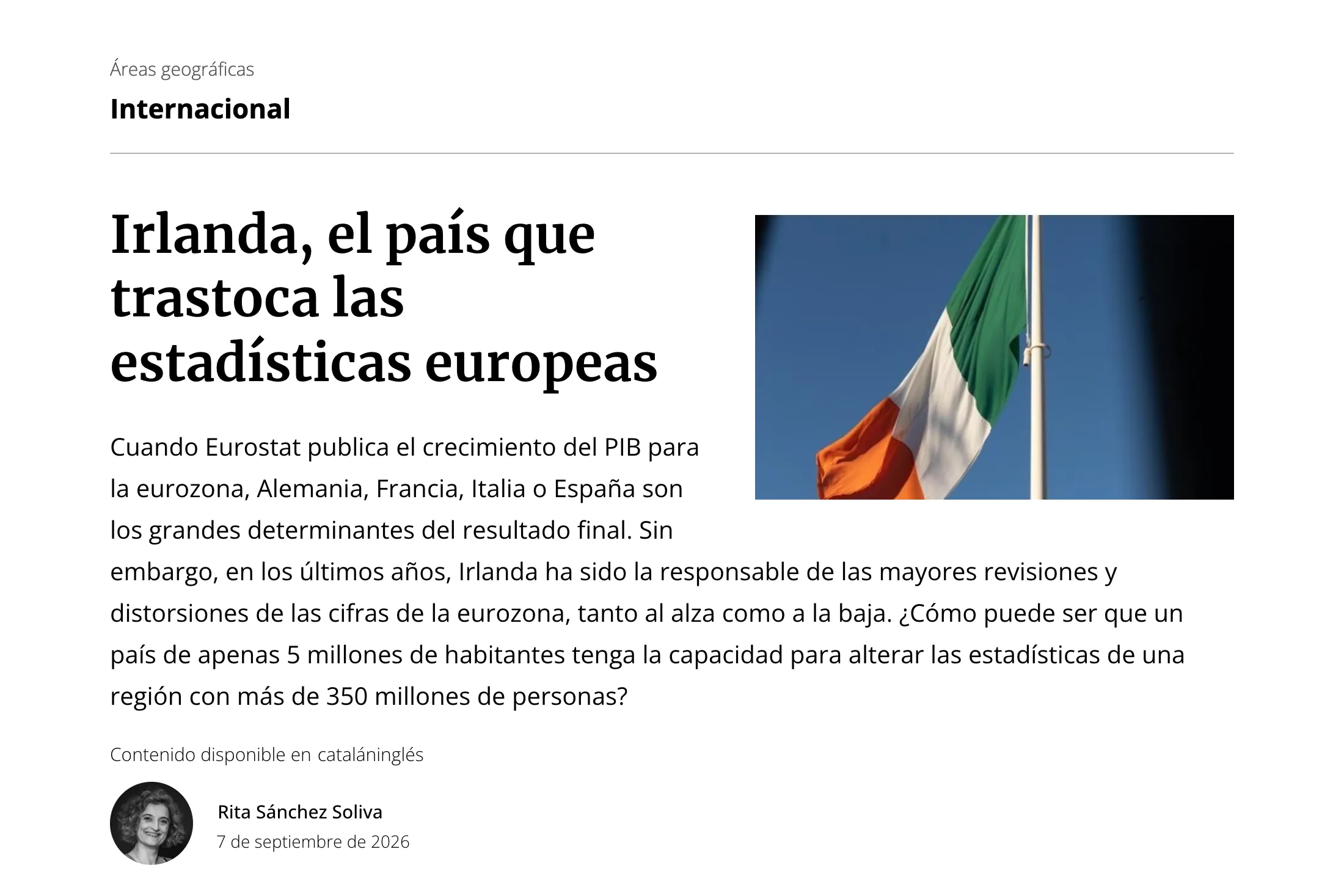 Cabecera de un artículo de CaixaBank Research: la sección «Internacional», el titular «Irlanda, el país que trastoca las estadísticas europeas», la entradilla junto a una foto de la bandera irlandesa y la firma de la autora con su foto.