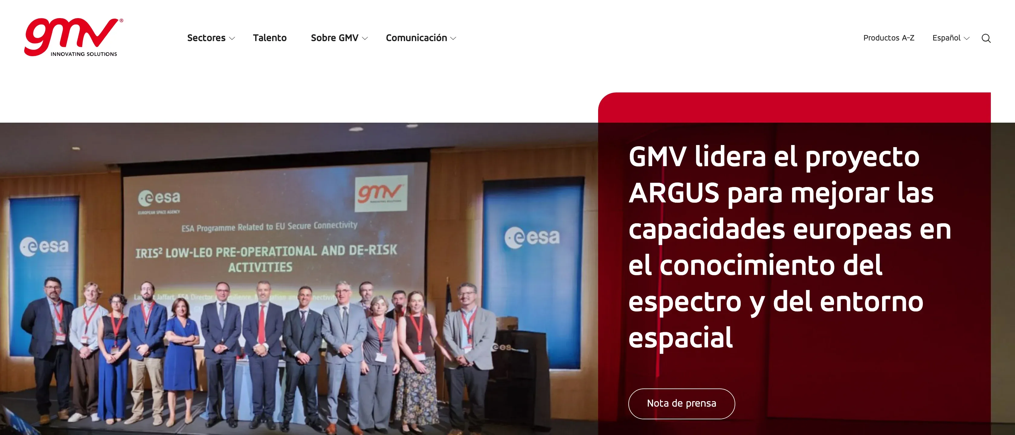 Portada de gmv.com con el destacado «GMV lidera el proyecto ARGUS para mejorar las capacidades europeas en el conocimiento del espectro y del entorno espacial», una foto de un acto con la ESA y el menú Sectores, Talento, Sobre GMV y Comunicación.