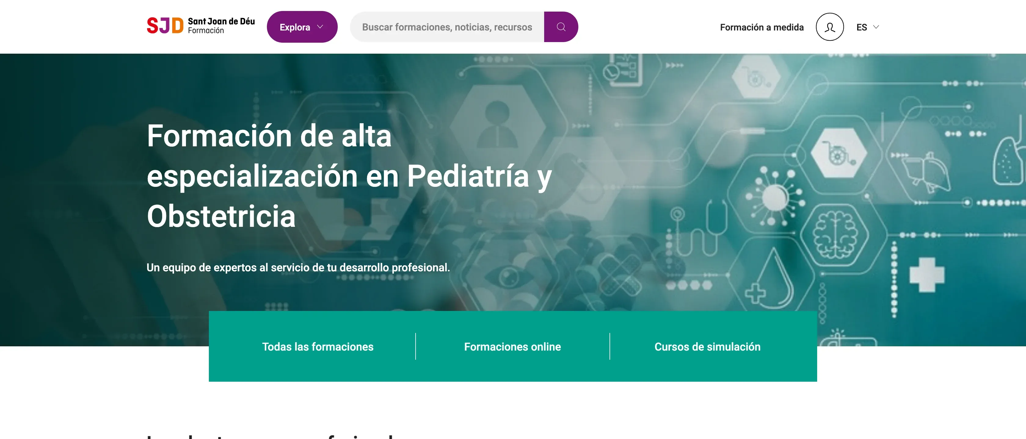 Portada de formacion.sjdhospitalbarcelona.org con el titular «Formación de alta especialización en Pediatría y Obstetricia», el buscador de formaciones y accesos a todas las formaciones, las online y los cursos de simulación.