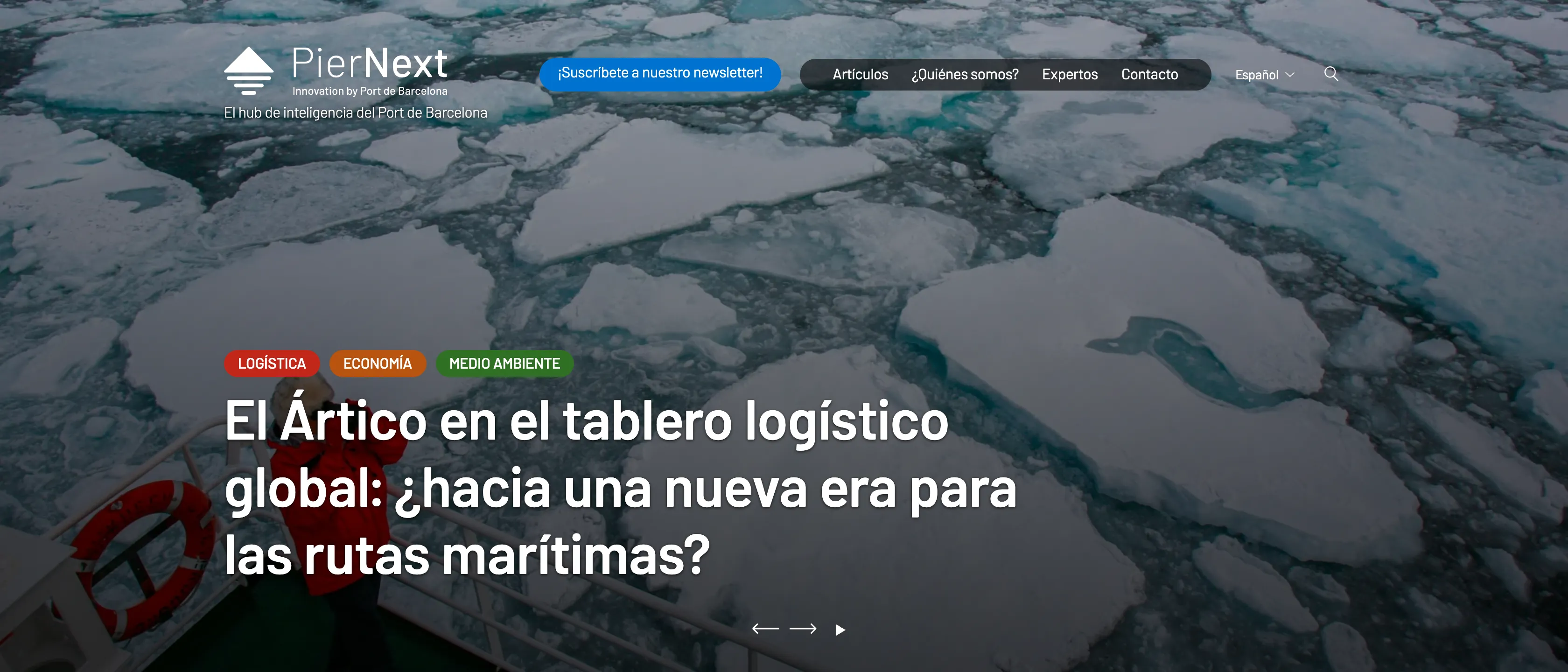 Portada de PierNext con el menú principal y un artículo destacado sobre el Ártico, con etiquetas de color de Logística, Economía y Medio ambiente sobre una foto de hielo marino.