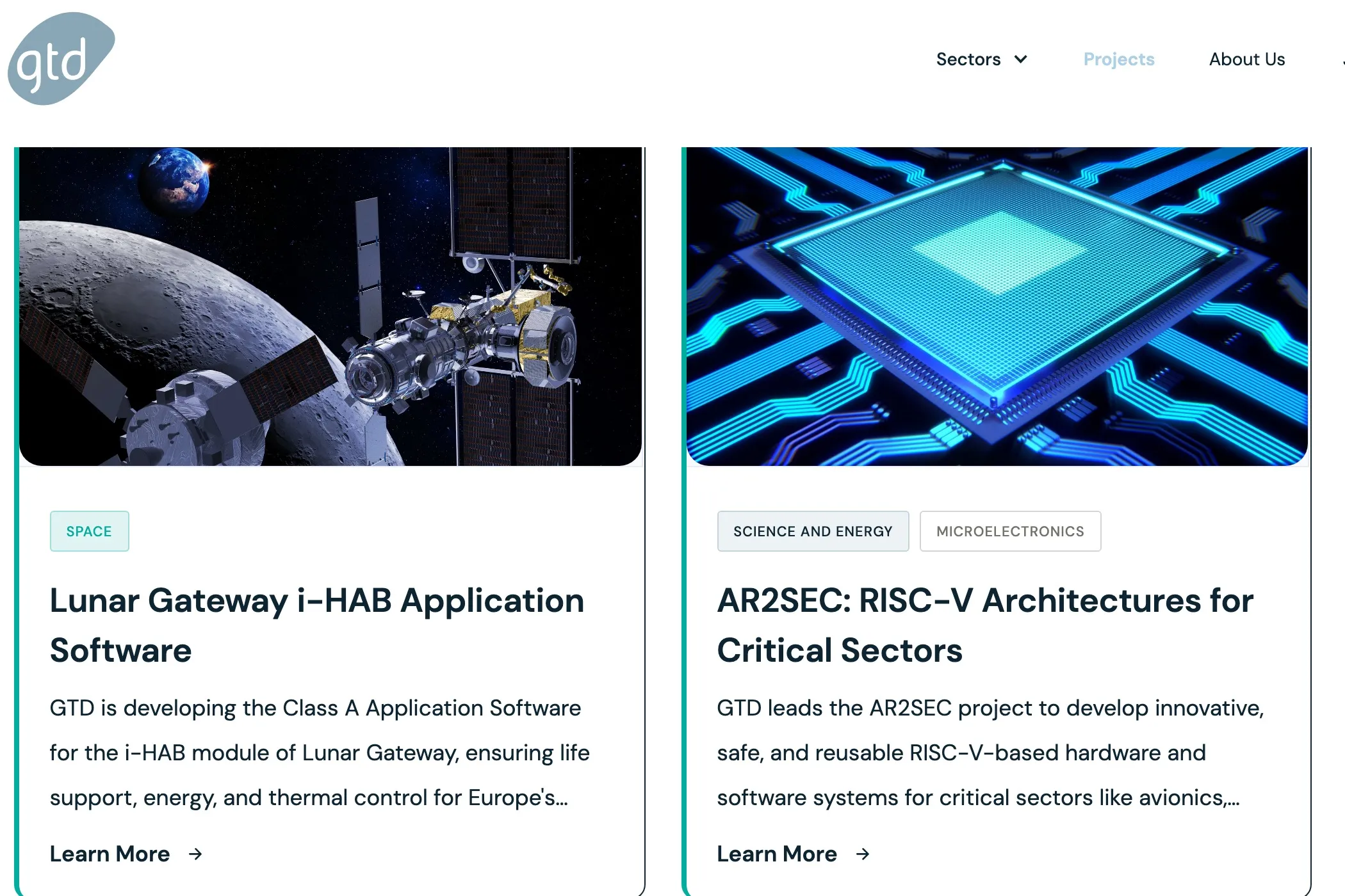 Listado de proyectos de gtd.eu: las tarjetas de Lunar Gateway i-HAB Application Software y AR2SEC RISC-V, con sus imágenes y etiquetas de sector, y una segunda fila asomando.