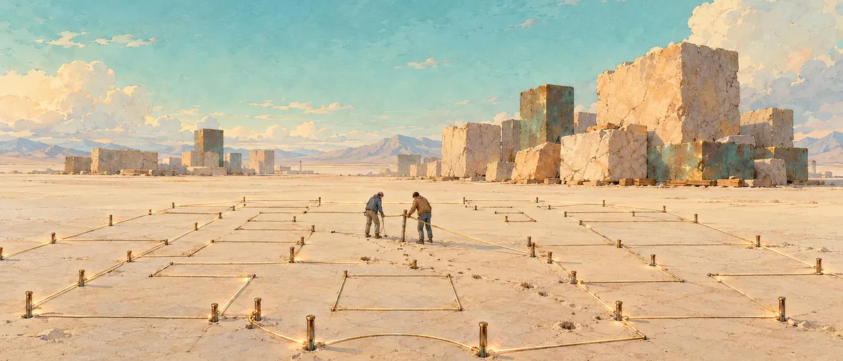 Ilustración en acuarela de una gran llanura de arena clara bajo un cielo turquesa. En el suelo, la planta de un edificio enorme trazada con cuerdas tensas y estacas. En el centro, dos personas recolocan una de las cuerdas. Al fondo, grandes bloques de piedra apilados sin usar.