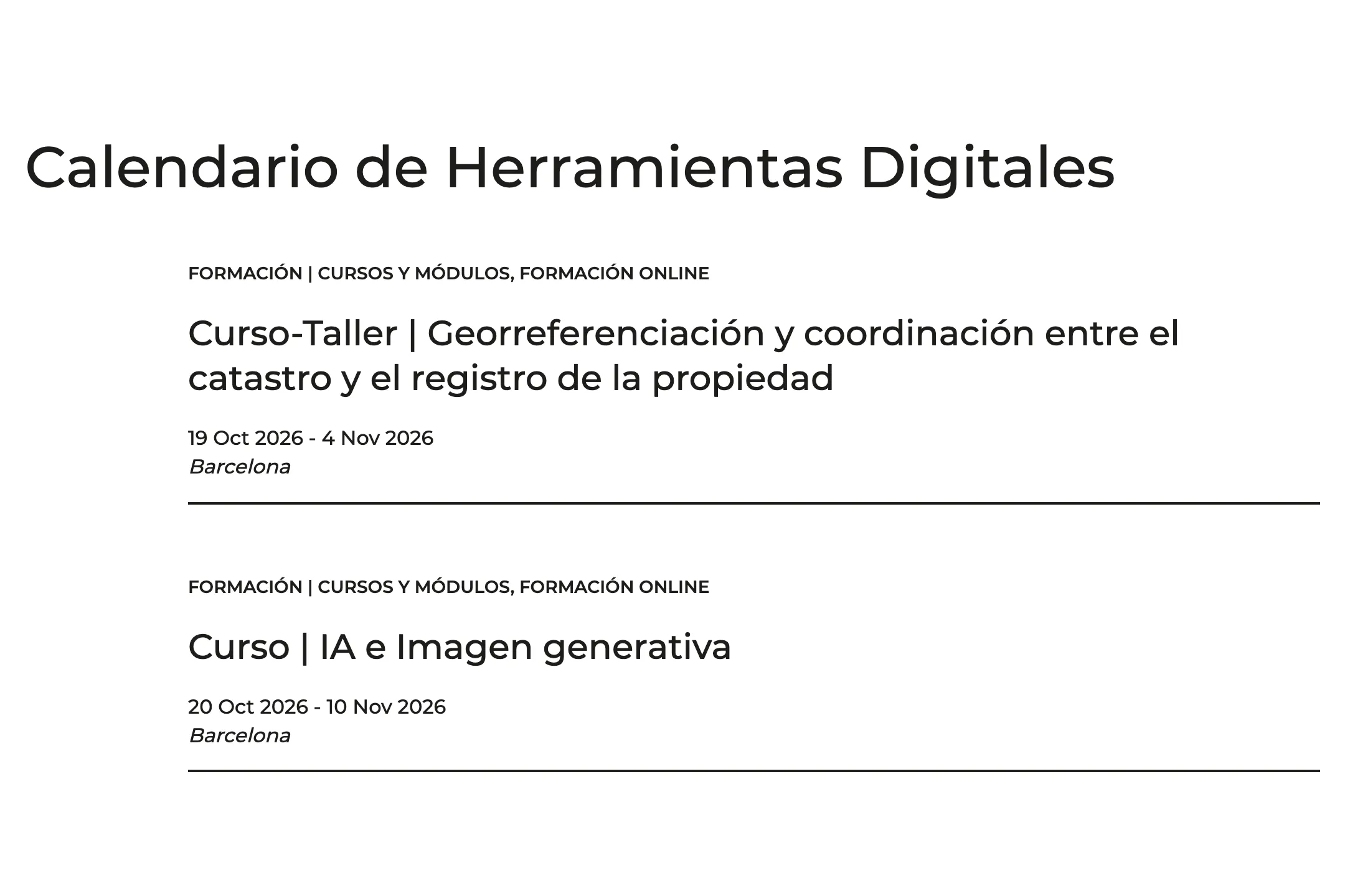 Bloque «Calendario de Herramientas Digitales» con dos cursos listados, cada uno con su tipo de formación, título, fechas y lugar, separados por una línea