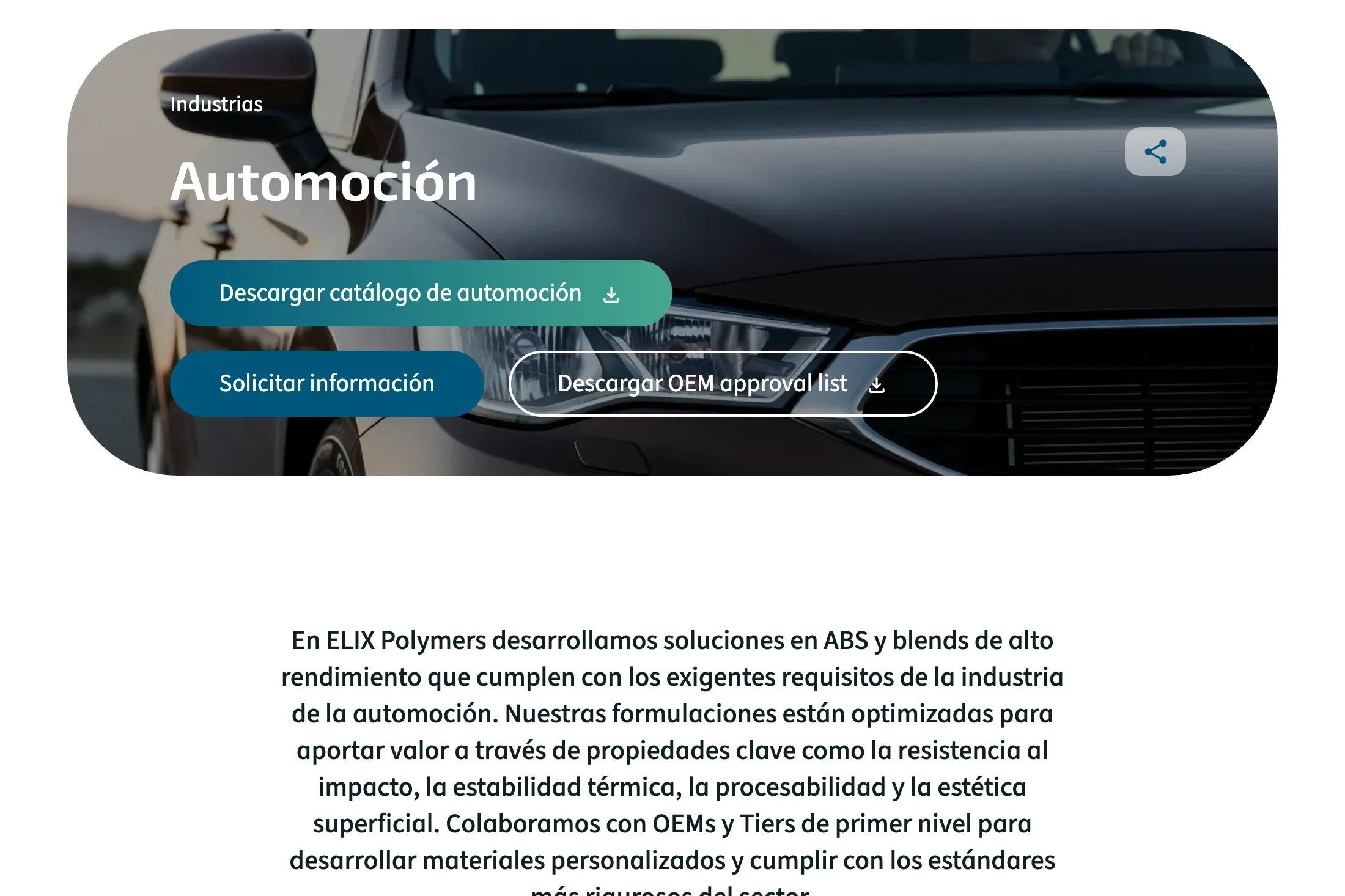 Cabecera de la página de la industria Automoción con foto de un vehículo y los botones «Descargar catálogo de automoción», «Solicitar información» y «Descargar OEM approval list».