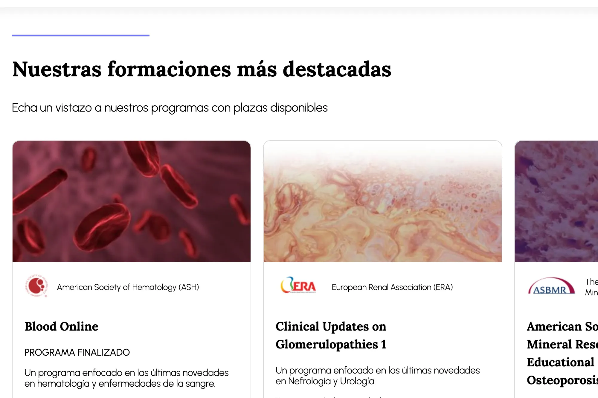 Formaciones destacadas de cmedc.net: tarjetas de cursos con imágenes científicas — Blood Online (ASH) y Clinical Updates on Glomerulopathies (ERA) — bajo el rótulo «Nuestras formaciones más destacadas».