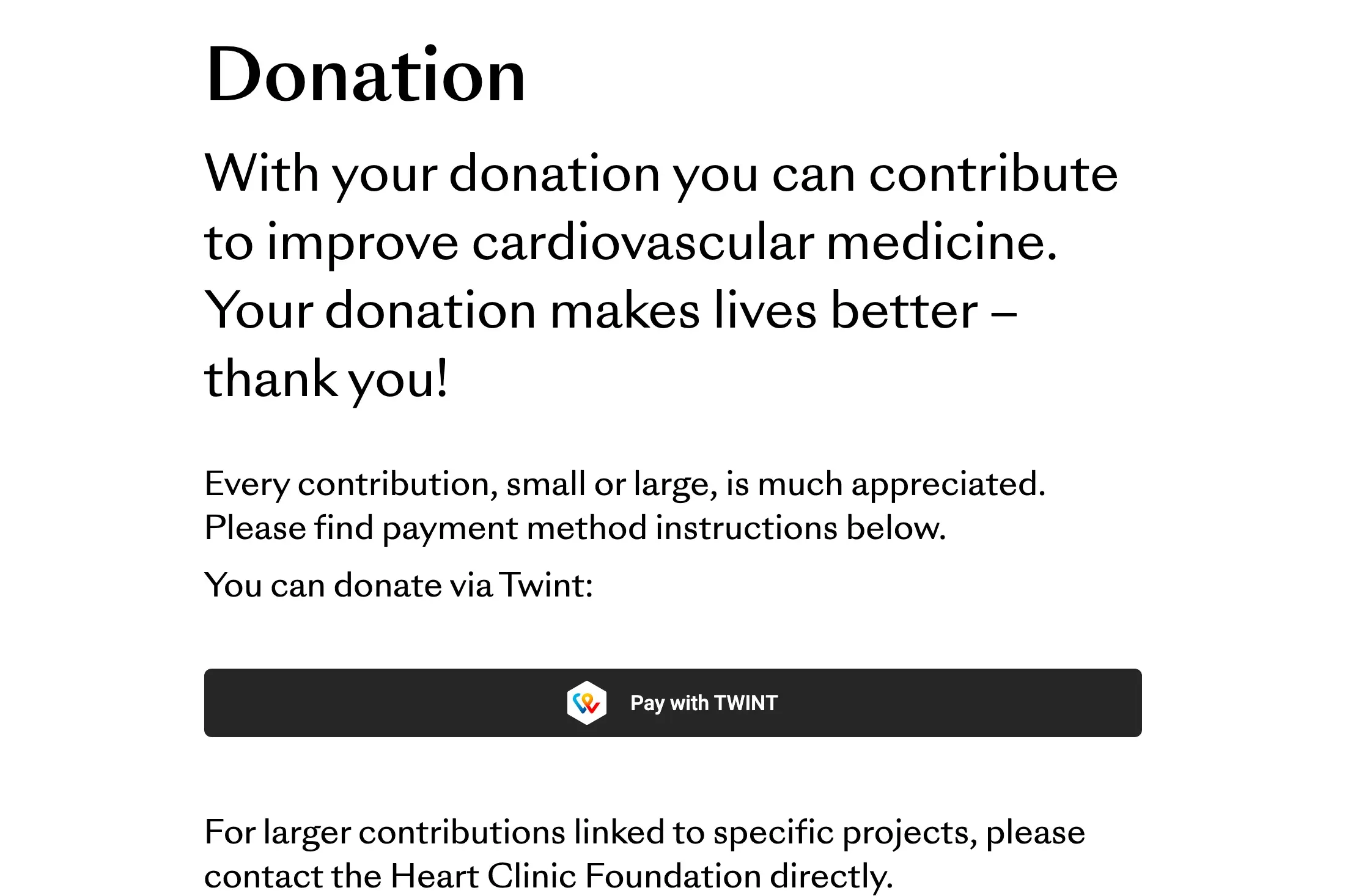 Página de donación de la Heart Clinic Foundation en inglés, con el texto sobre el destino de las aportaciones y el botón «Pay with TWINT».