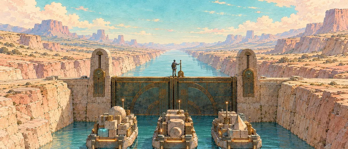 Ilustración en acuarela de un canal en un valle de arenisca con una gran compuerta de piedra y bronce cerrada. Delante de ella esperan tres máquinas flotantes; encima de la compuerta, una persona apoya la mano en la palanca que la abre.