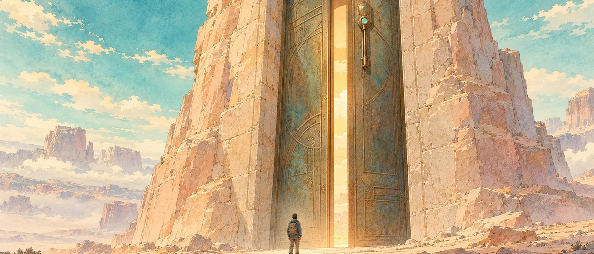 Ilustración en acuarela de una puerta monumental de piedra y bronce en una pared de arenisca, entreabierta y con luz cálida al otro lado. El tirador queda a varias veces la altura de una persona pequeña que lo mira desde abajo, de espaldas.