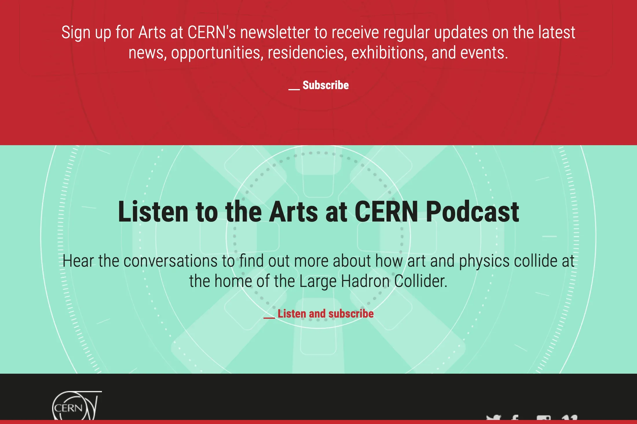 Bloque rojo de suscripción a la newsletter de Arts at CERN, seguido de un bloque turquesa con el titular «Listen to the Arts at CERN Podcast» y el enlace «Listen and subscribe», sobre el inicio del pie de página con el logo del CERN.