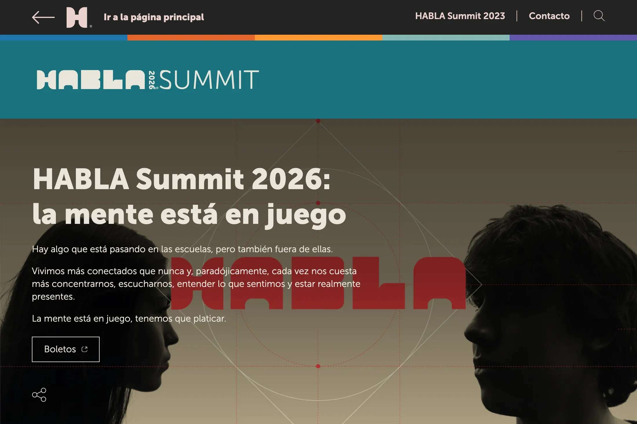Cabecera propia de la edición HABLA Summit 2026, en color turquesa, con el titular «HABLA Summit 2026: la mente está en juego», el texto de presentación y el botón «Boletos».