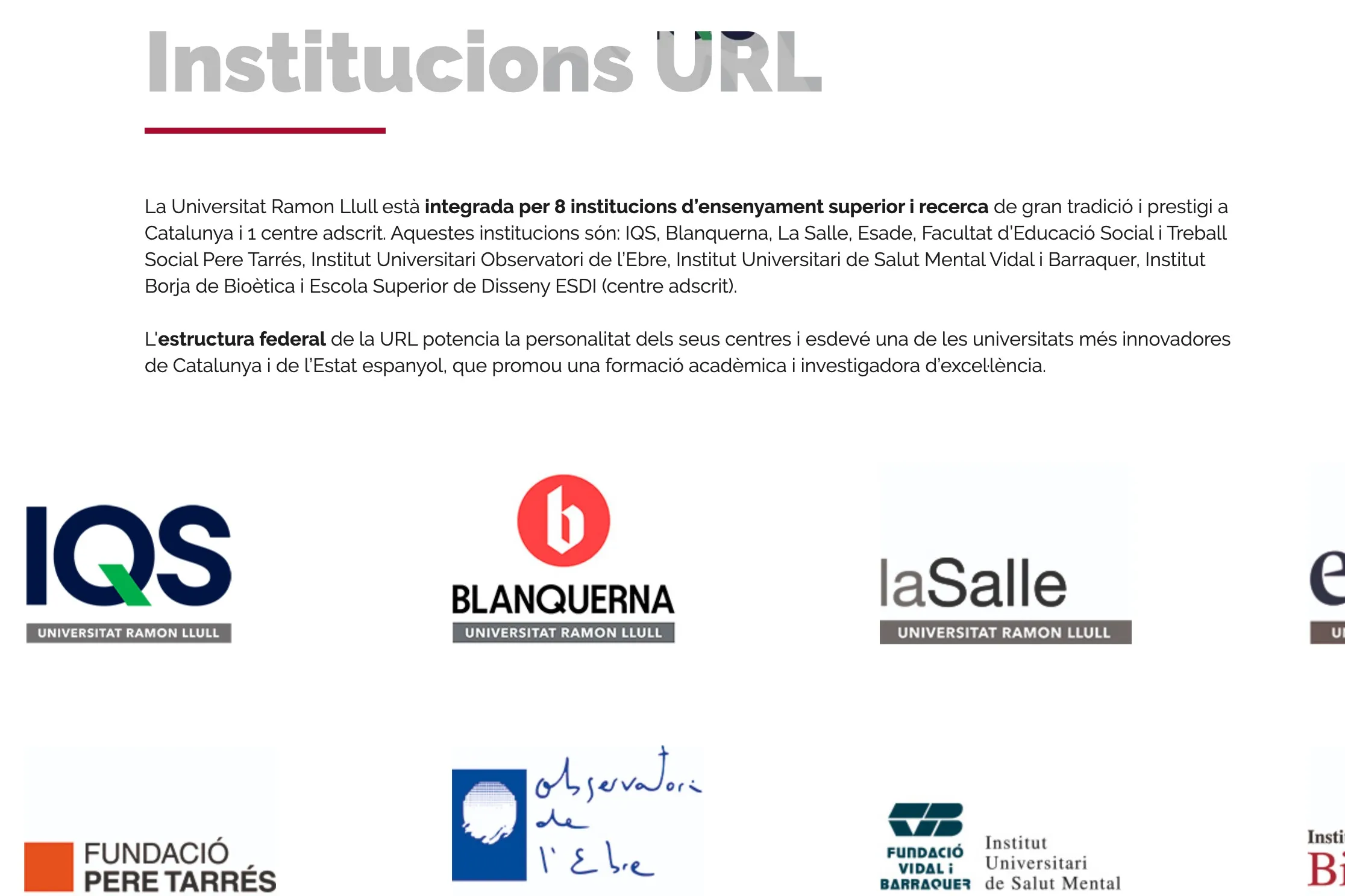La página de instituciones de url.edu: el texto sobre la estructura federal de 8 instituciones y los logotipos de IQS, Blanquerna, La Salle y Esade.