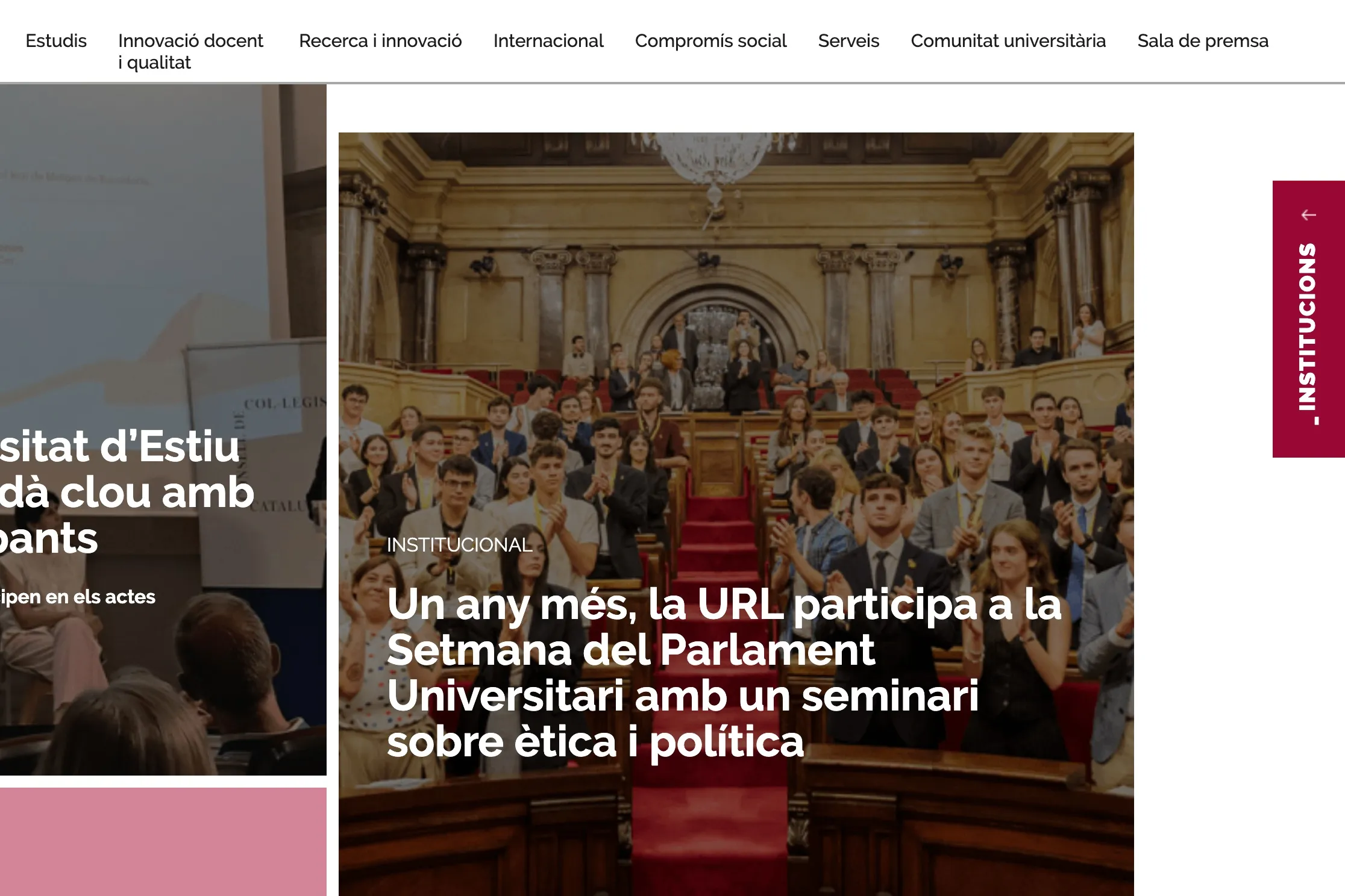 Actualitat de url.edu: la noticia de la Setmana del Parlament Universitari con la fotografía del hemiciclo del Parlament llena de estudiantes.