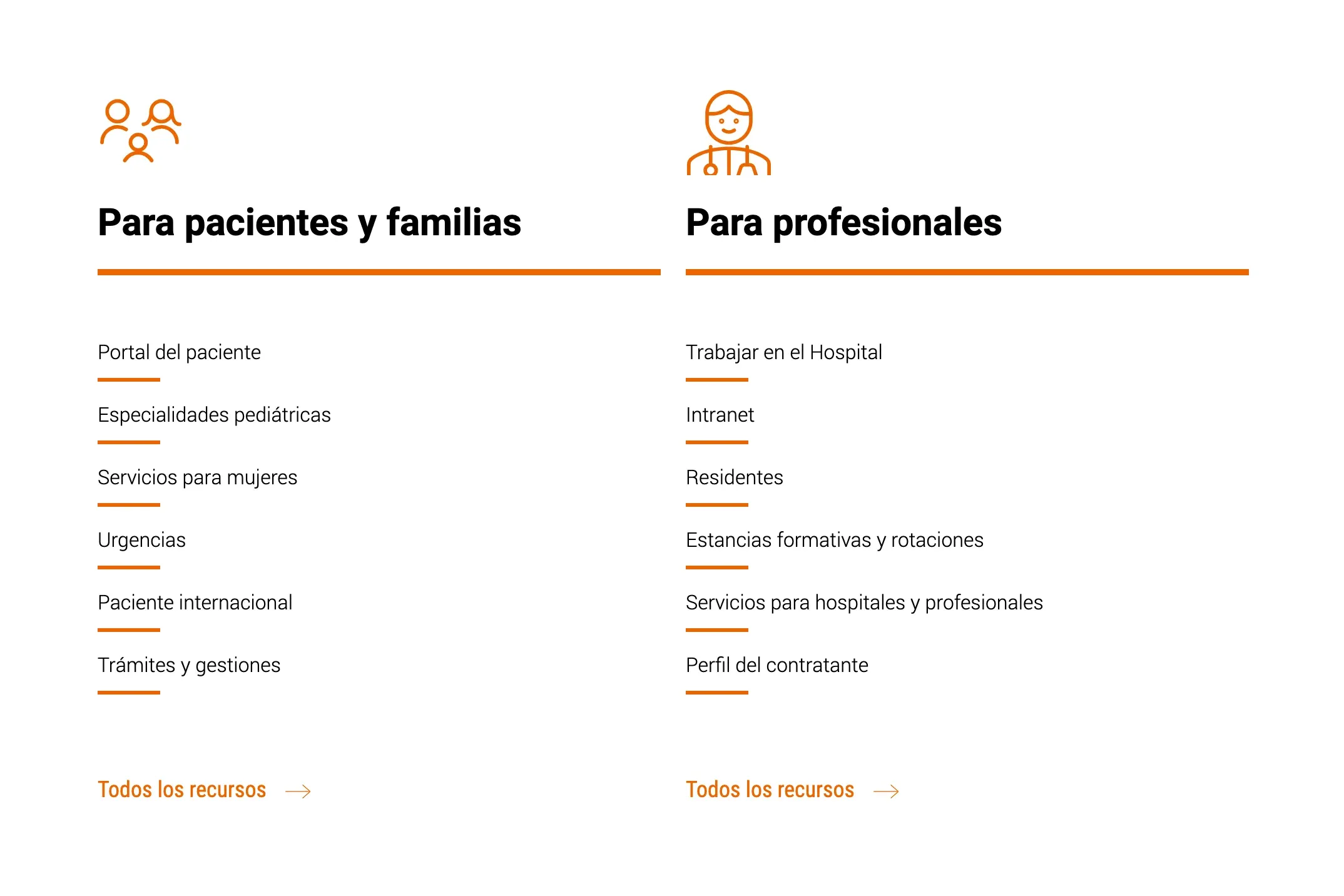 Bloque de la home con dos columnas de accesos directos: «Para pacientes y familias» (portal del paciente, especialidades, urgencias, paciente internacional) y «Para profesionales» (trabajar en el hospital, residentes, estancias formativas).