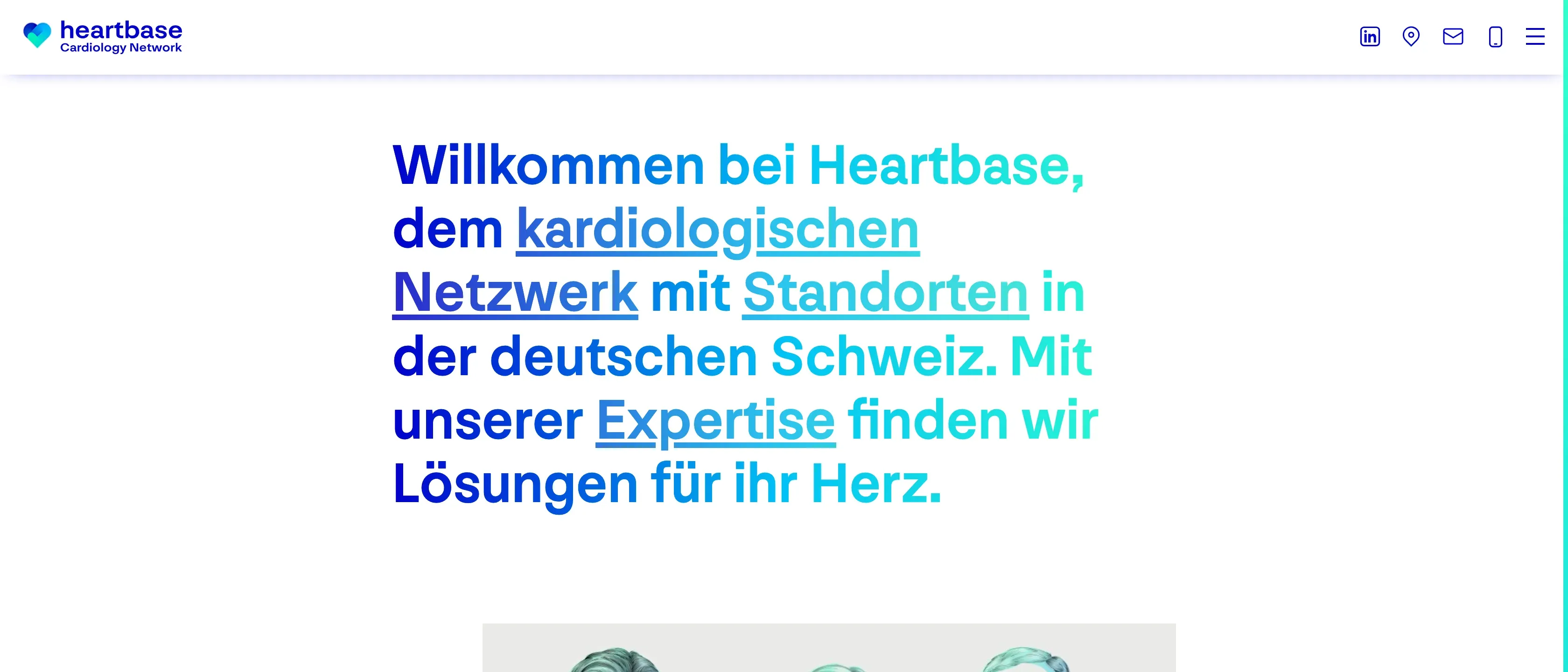 Portada de heartbase.ch en alemán, con el titular de bienvenida a la red cardiológica con sedes en la Suiza alemana y el logotipo de Heartbase.