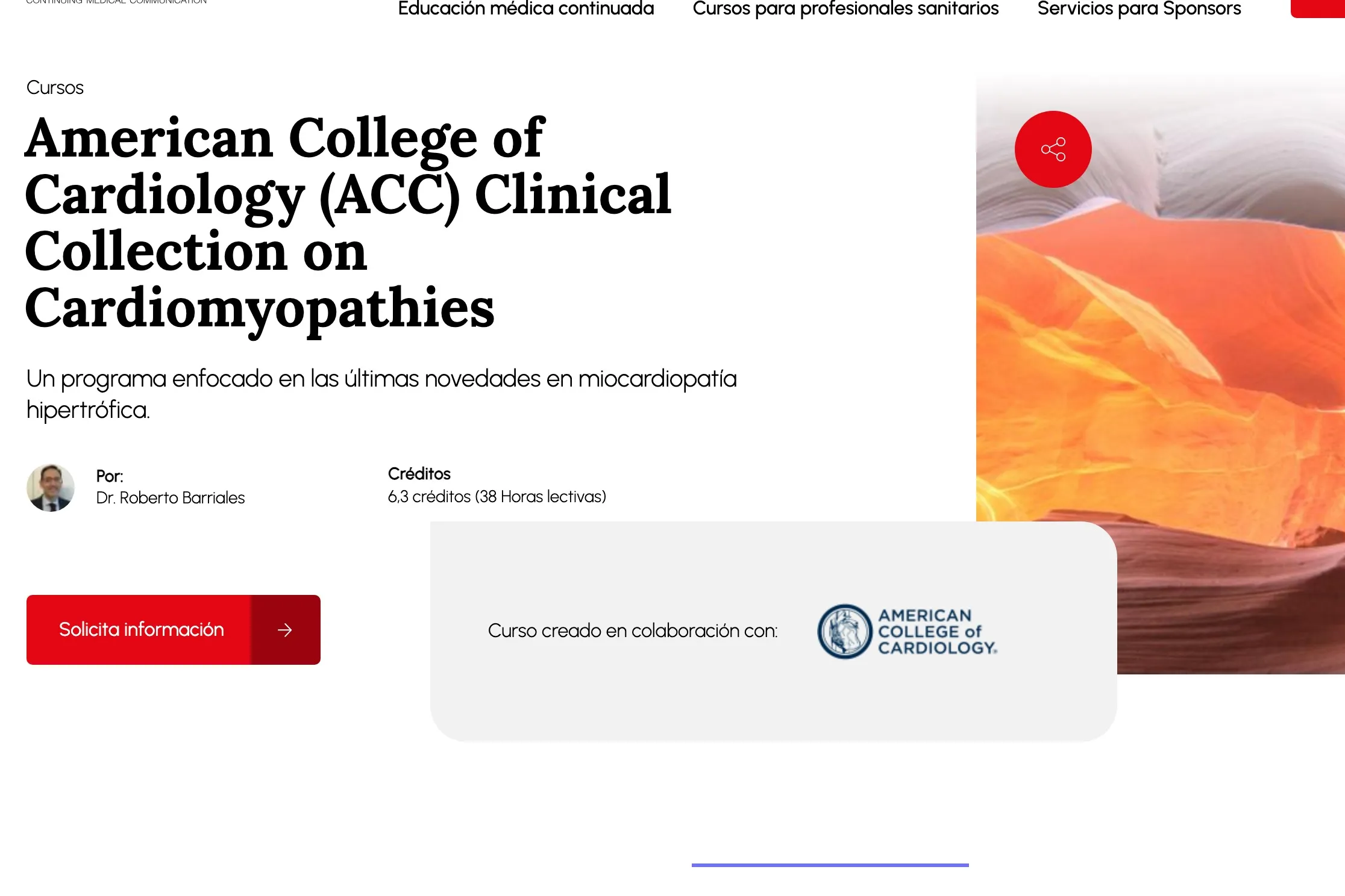 Ficha del curso «American College of Cardiology (ACC) Clinical Collection on Cardiomyopathies» en cmedc.net: autor, créditos y el sello de colaboración con el ACC.