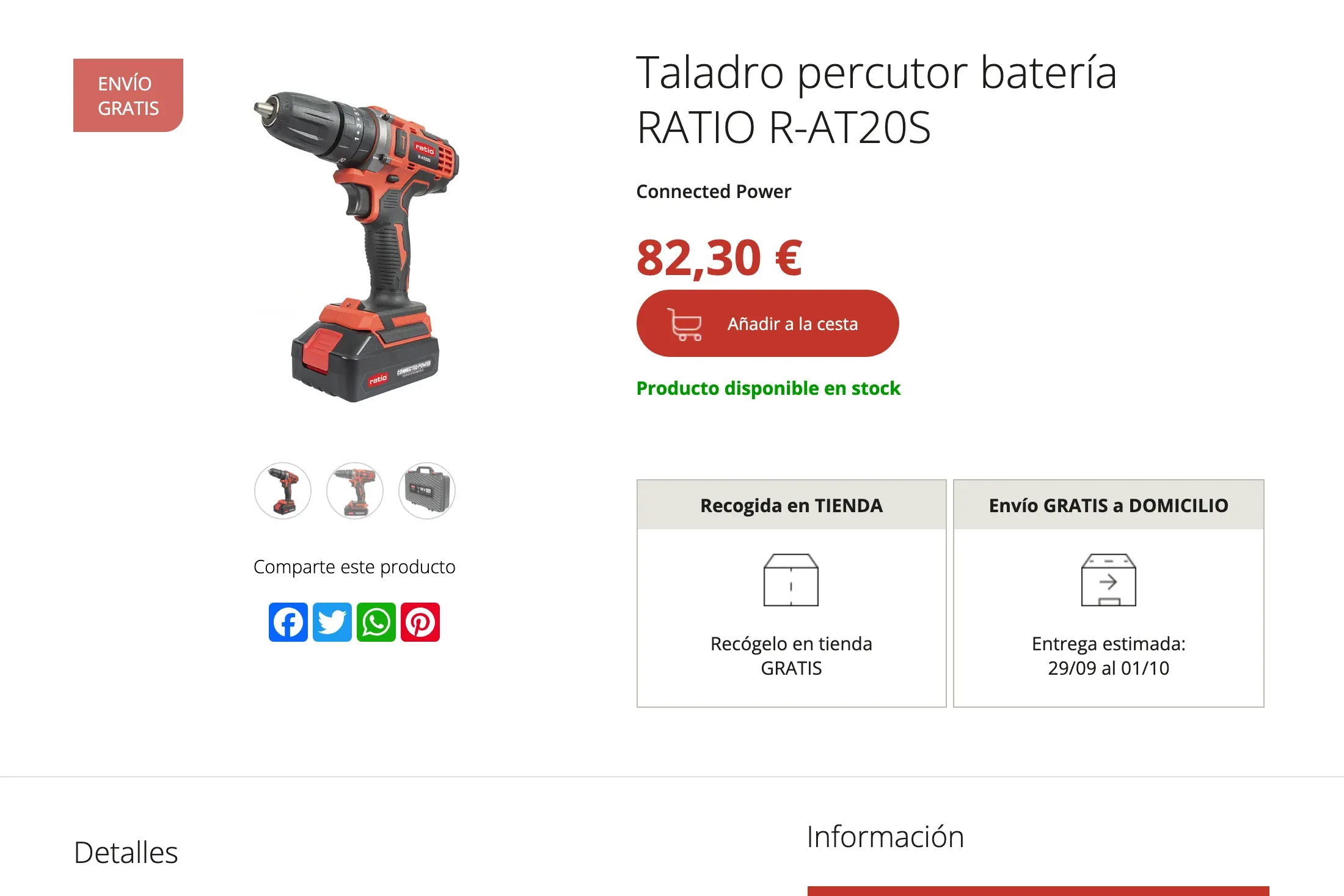 Ficha de un taladro percutor a batería RATIO con su precio, el botón «Añadir a la cesta», la disponibilidad en stock y las opciones de recogida en tienda o envío a domicilio.