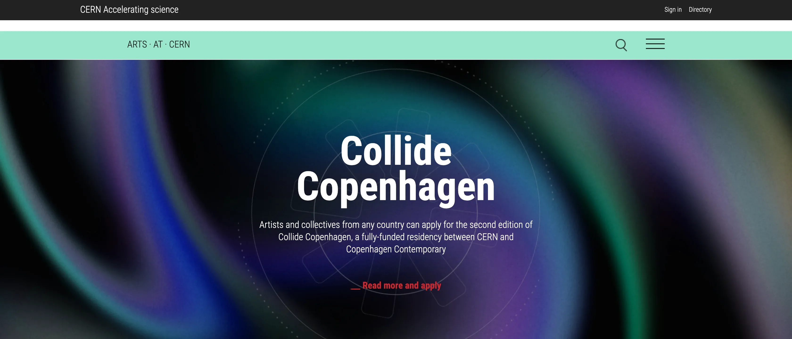 Portada de arts.cern, con la cabecera «CERN Accelerating science», el menú «Arts·at·CERN» y el destacado de la convocatoria «Collide Copenhagen» sobre un fondo de remolinos de color y el enlace «Read more and apply».