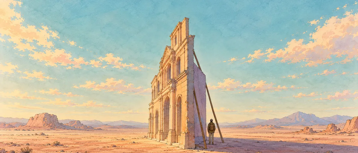 Ilustración en acuarela de un edificio monumental en un desierto que, visto de lado, resulta ser una fachada delgada sostenida por puntales; una figura pequeña, de espaldas, observa el vacío que hay detrás.