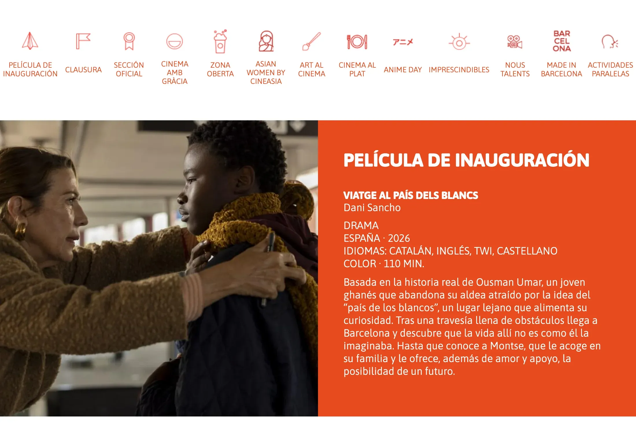 Bloque de secciones del festival con iconos para Película de Inauguración, Clausura, Sección Oficial y otras categorías, y debajo la ficha de la película de inauguración «Viatge al país dels blancs».