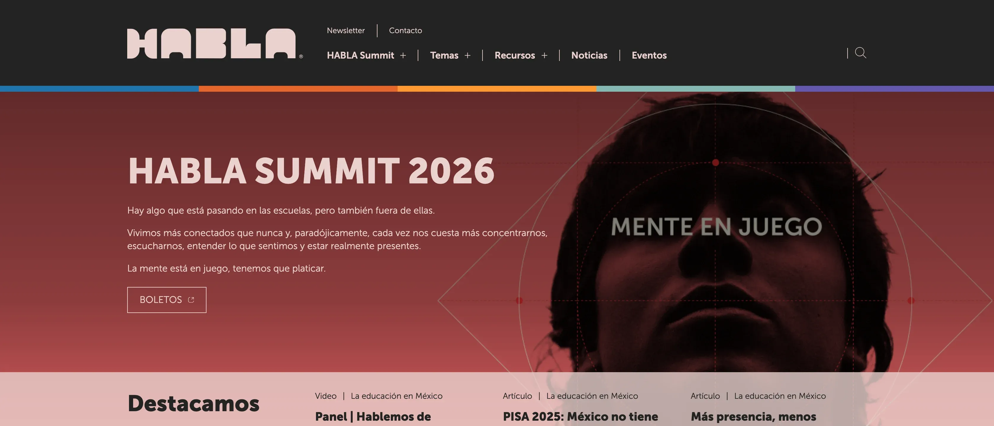 Portada de hablamex.com con el menú (HABLA Summit, Temas, Recursos, Noticias, Eventos) y la cabecera roja del HABLA Summit 2026 «Mente en juego», con el botón de boletos y el bloque «Destacamos» debajo.