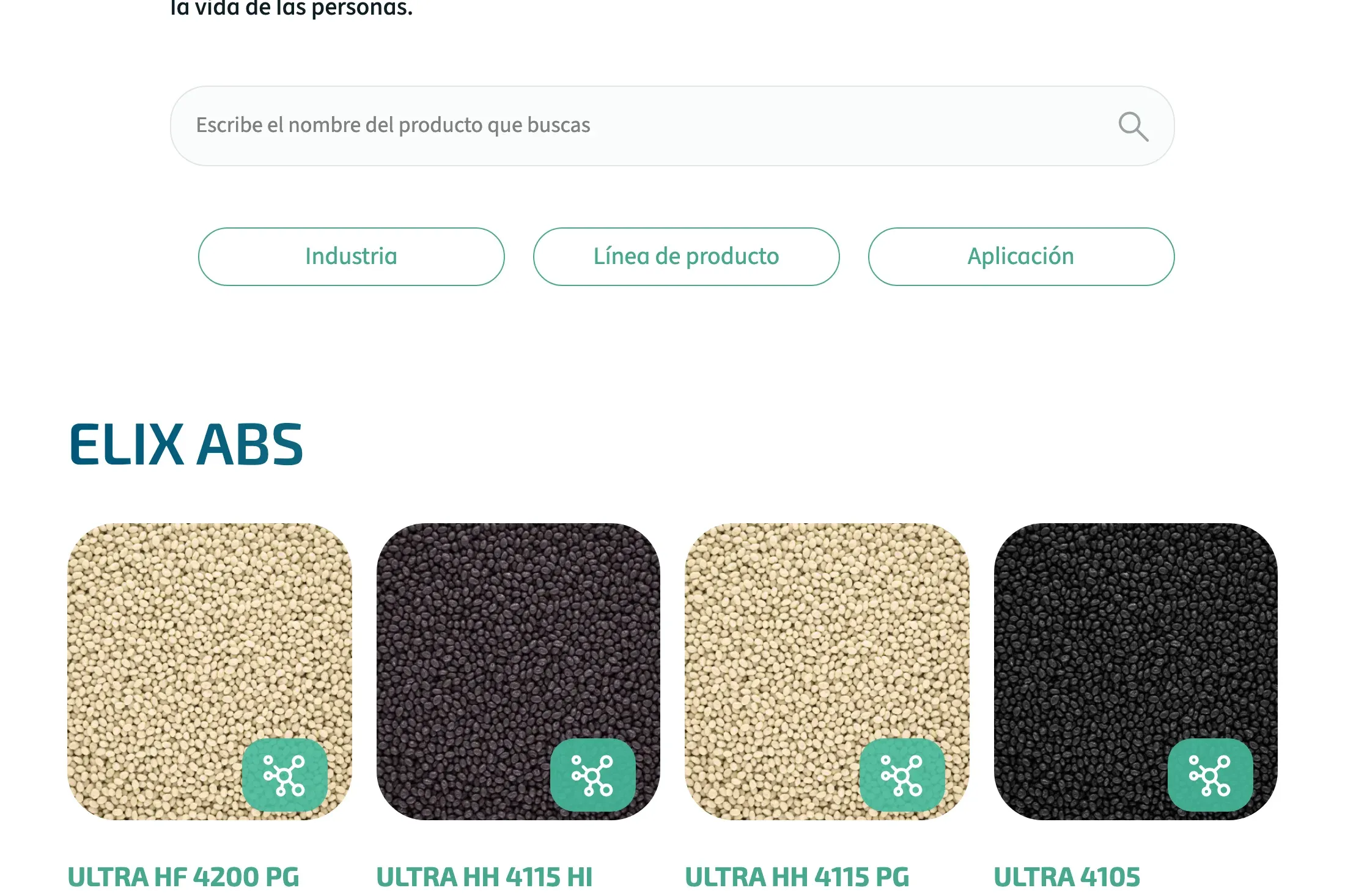 Bloque de catálogo de producto ELIX ABS con el buscador «Escribe el nombre del producto que buscas», los filtros por industria, línea de producto y aplicación, y las fichas ULTRA HF 4200 PG, ULTRA HH 4115 HI, ULTRA HH 4115 PG y ULTRA 4105.