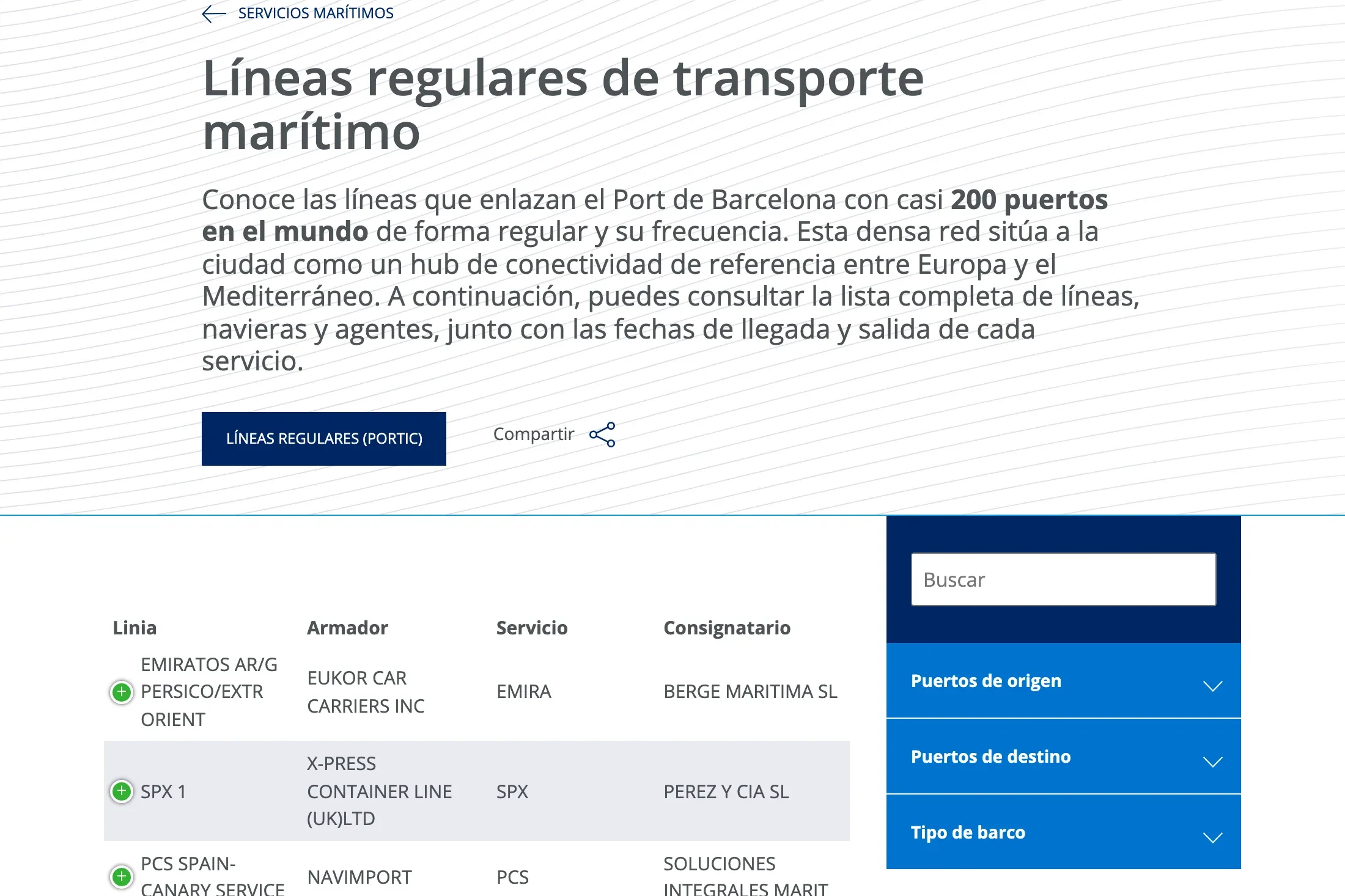 Cabecera de la página «Líneas regulares de transporte marítimo», con el texto de introducción, el botón «Líneas regulares (Portic)» y el inicio de la tabla de líneas, con las columnas Línia, Armador, Servicio y Consignatario.