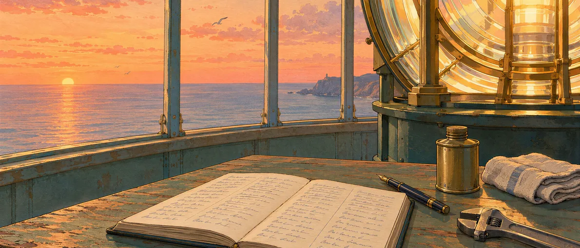 Ilustración en acuarela del interior de la linterna de un faro al atardecer: un cuaderno abierto con anotaciones manuscritas iguales, una pluma, una lata de aceite, un trapo y una llave inglesa sobre una mesa de madera, junto a la gran lente encendida y con el mar de fondo.