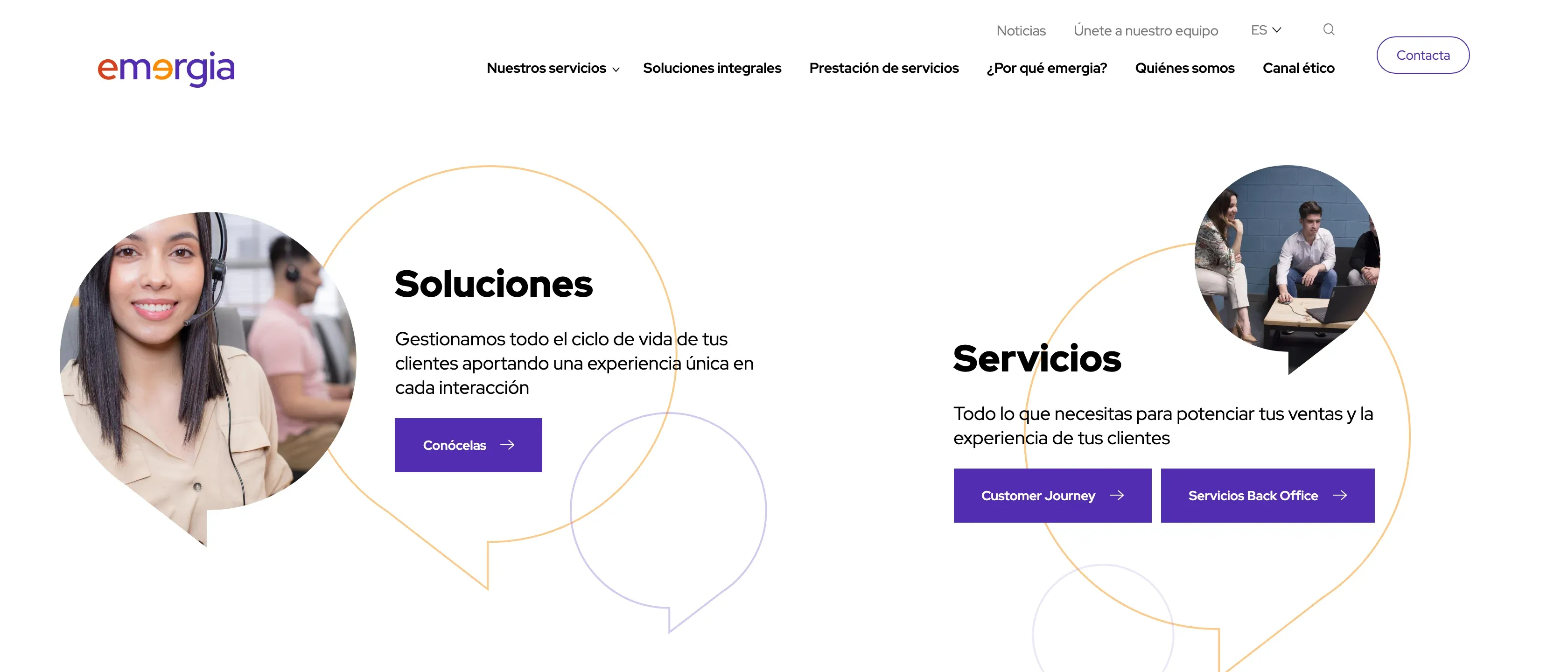 Portada de emergiacc.com con el menú Nuestros servicios, Soluciones integrales, Prestación de servicios, ¿Por qué emergia?, Quiénes somos y Canal ético, y los dos bloques de entrada Soluciones y Servicios, cada uno con foto de un equipo.