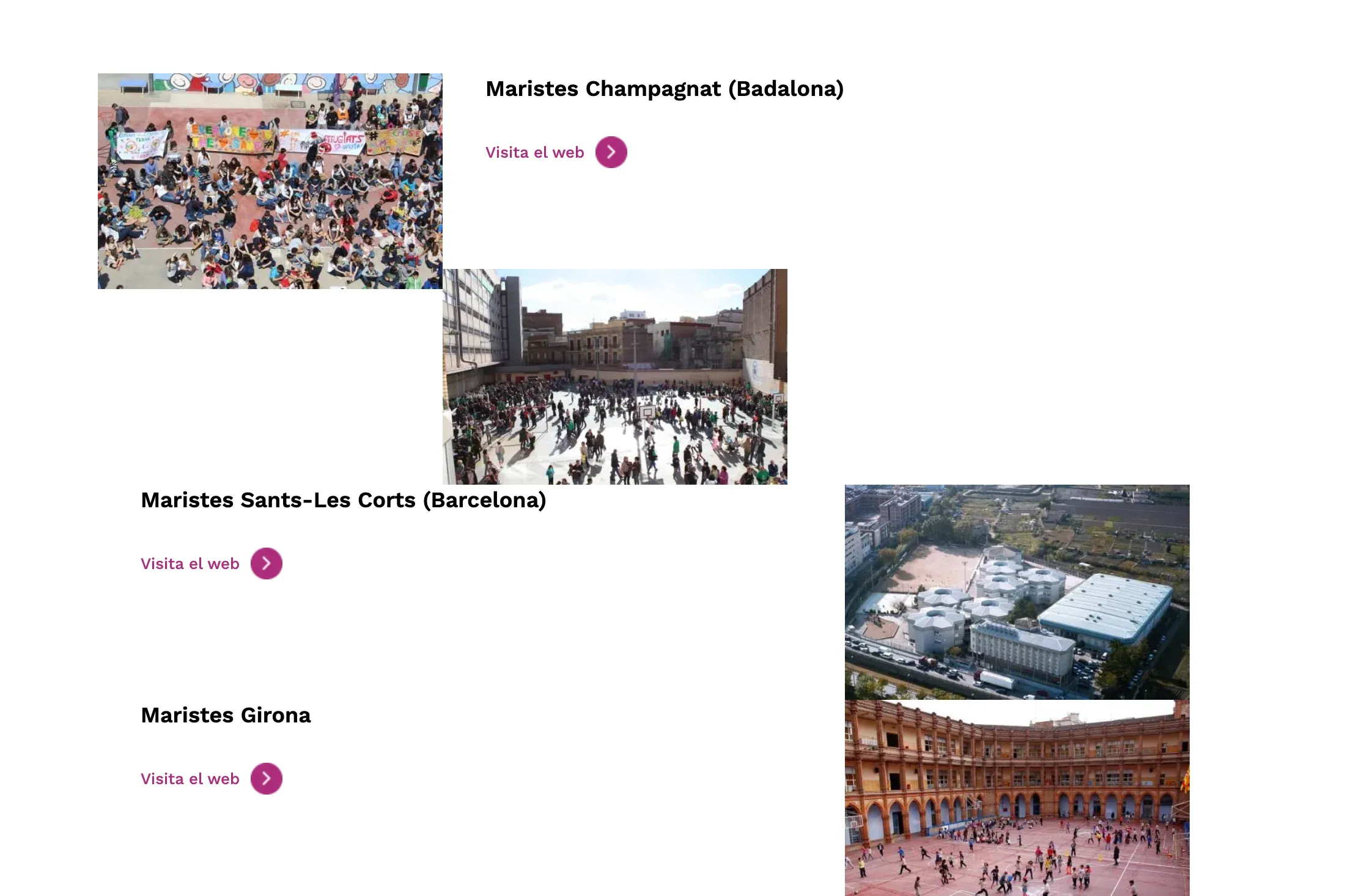 Listado de escuelas de la web de la Fundació Maristes Catalunya, con fotos y el botón «Visita el web» de los centros de Champagnat, Sants-Les Corts y Girona.