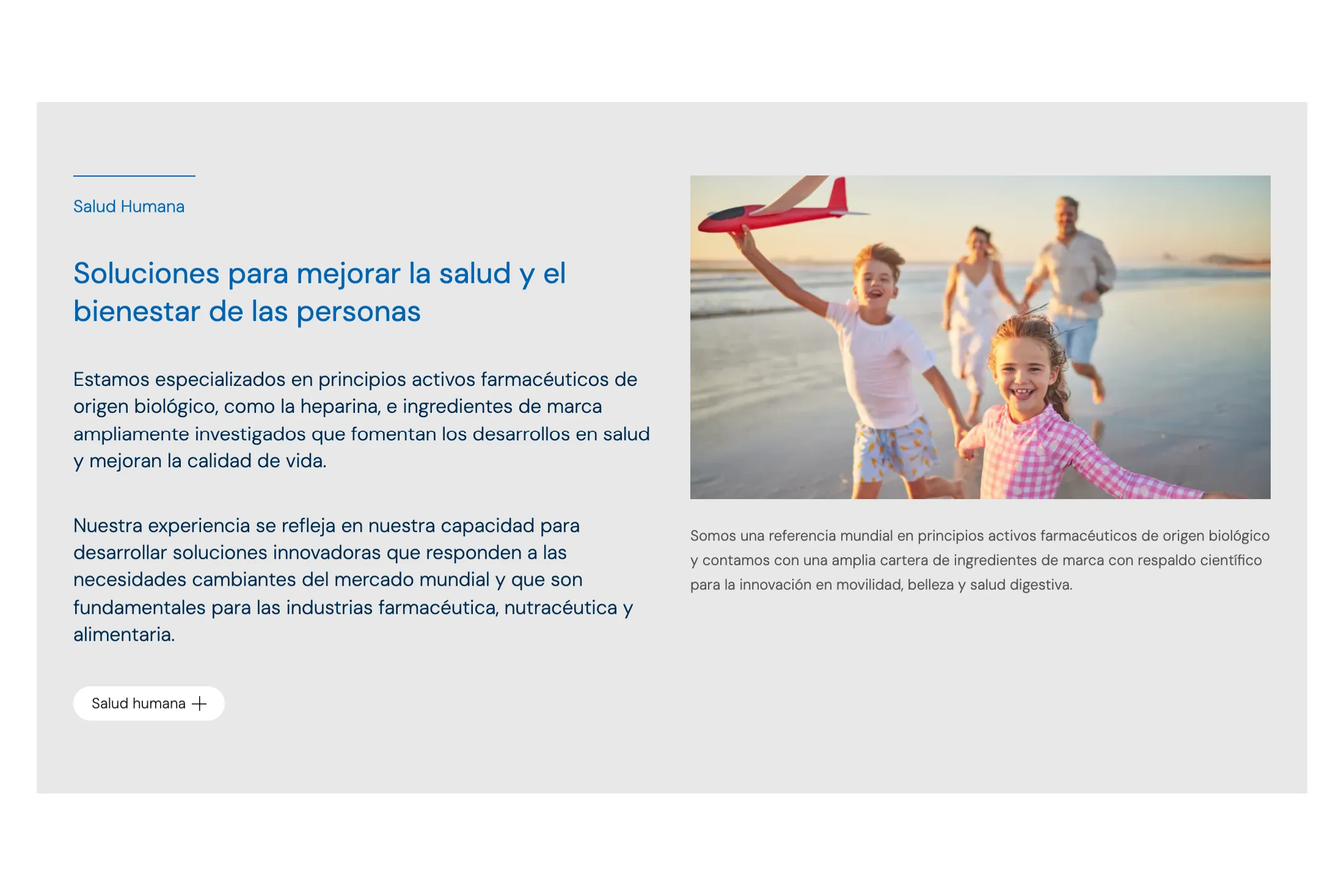 Bloque «Salud Humana» de la página de productos: titular, dos párrafos y un botón a la izquierda, y a la derecha la foto de una familia corriendo por la playa con un avión de juguete
