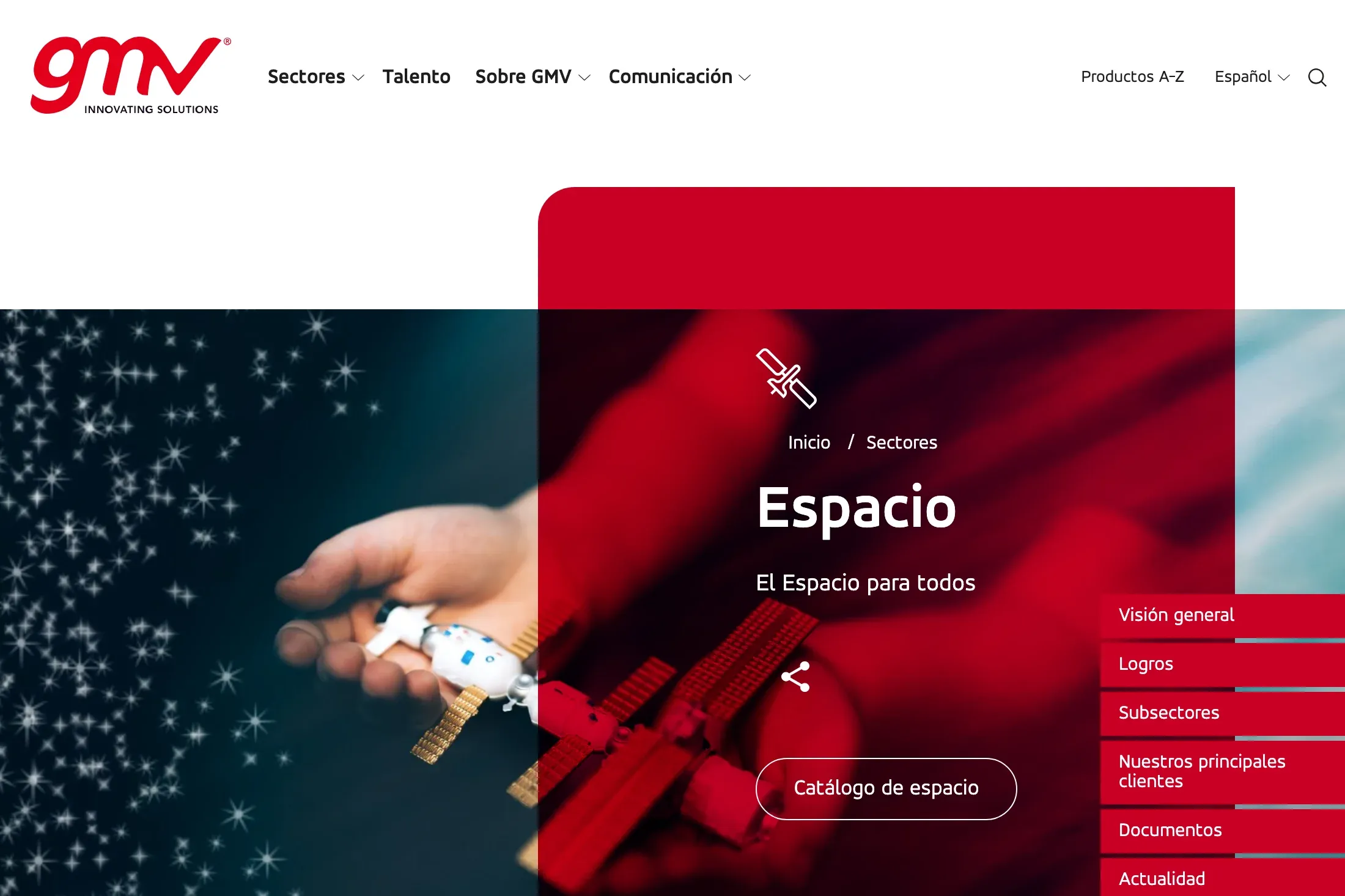 Cabecera de la página del sector Espacio con el título, el subtítulo «El Espacio para todos», el botón «Catálogo de espacio» y el menú lateral con Visión general, Logros, Subsectores, Nuestros principales clientes, Documentos y Actualidad.