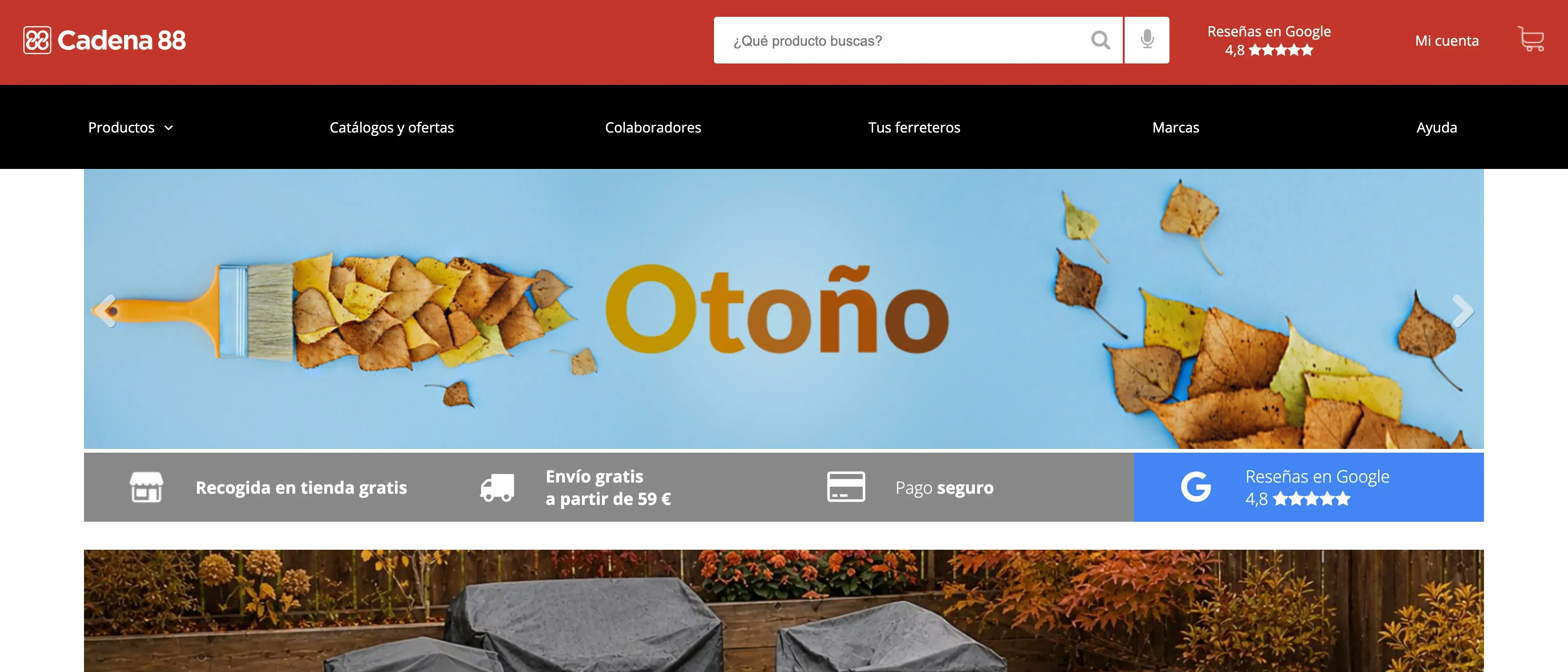 Portada de cadena88.com con el buscador de productos, la valoración de 4,8 en Google, el menú de categorías y un banner de la campaña de otoño.