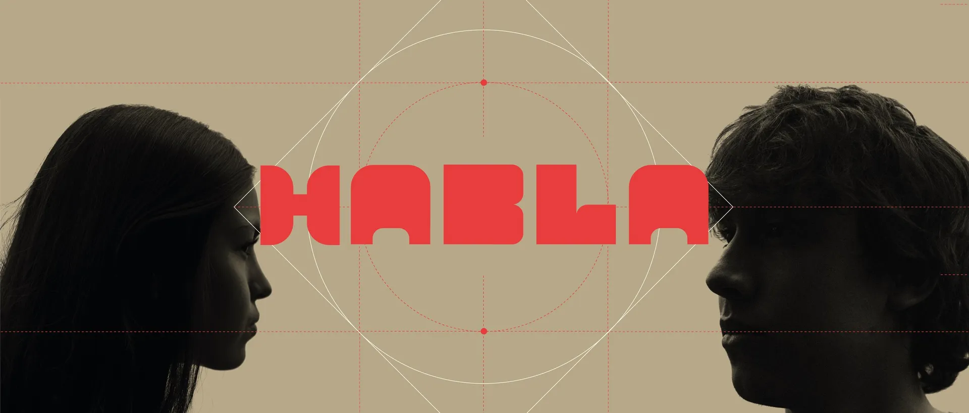 Sobre un fondo beige, un diagrama geométrico con círculos y un rombo en líneas finas rodea el logotipo «HABLA» en rojo; a los lados, las siluetas en perfil de una mujer y un hombre se miran de frente.