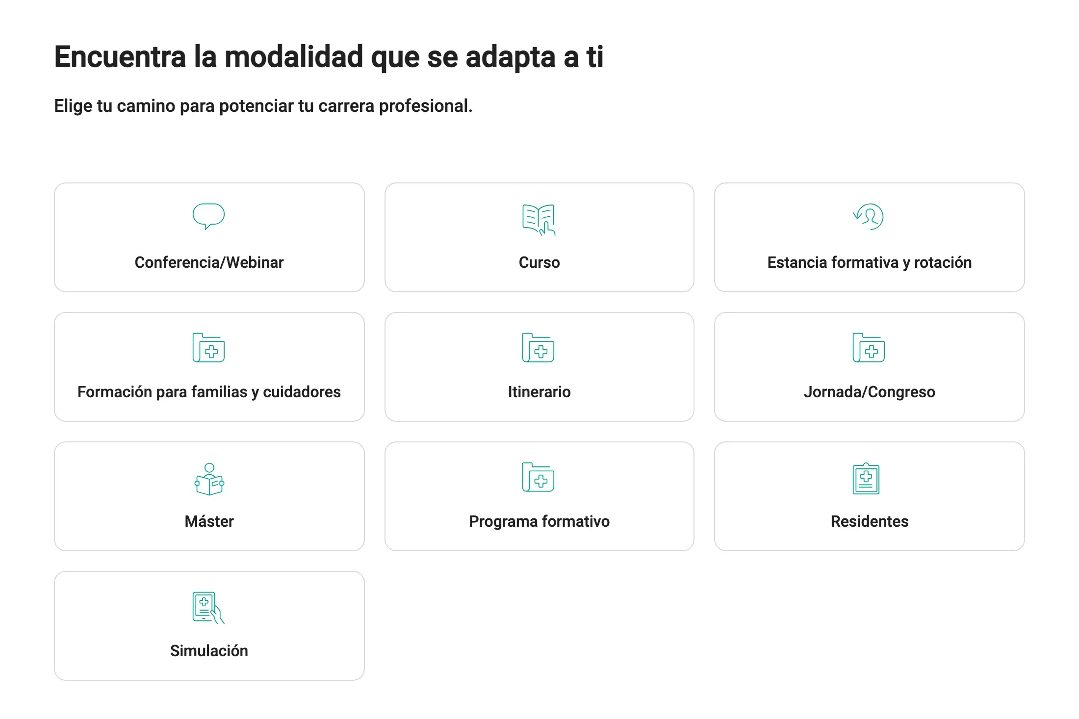 Bloque «Encuentra la modalidad que se adapta a ti»: diez tarjetas con icono para conferencias, cursos, estancias formativas, formación para familias, itinerarios, jornadas, máster, programas formativos, residentes y simulación.