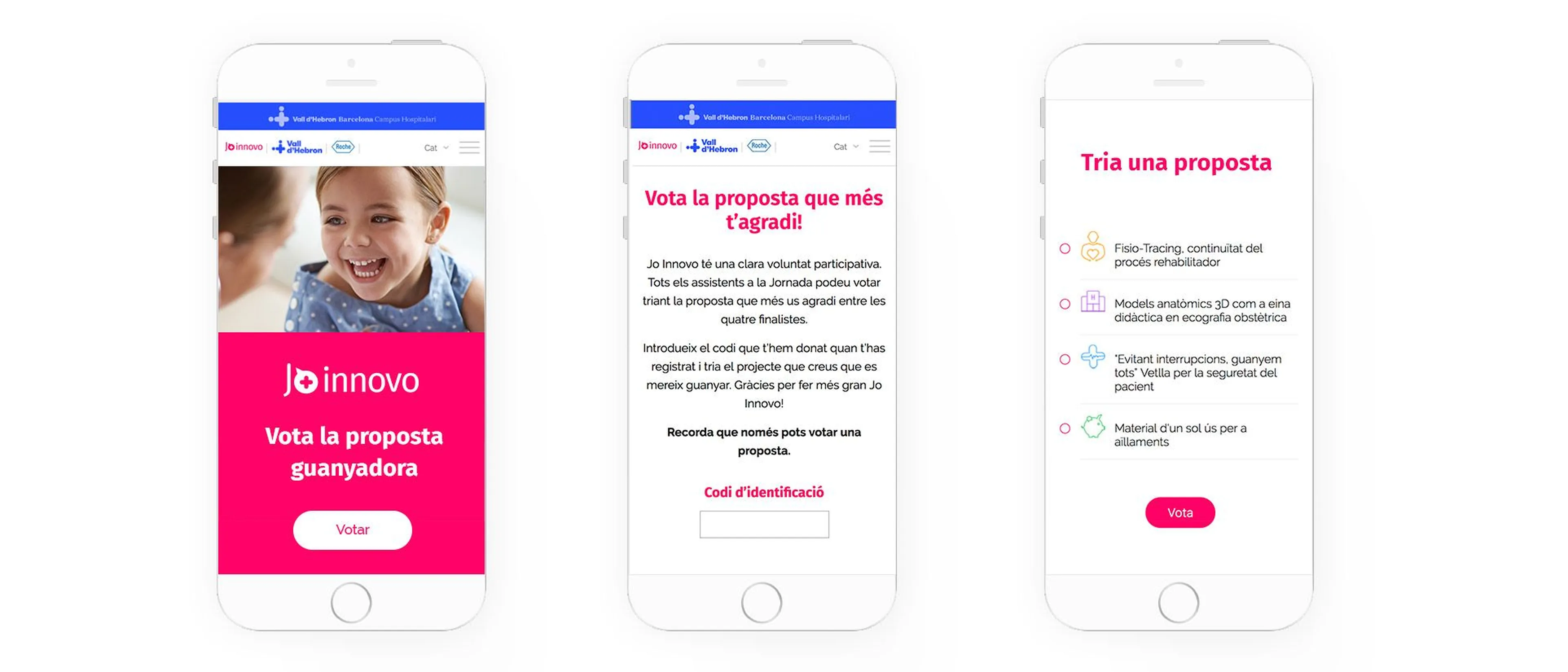 Tres móviles con la web de Jo Innovo: la portada con el botón «Votar», la pantalla para introducir el código de identificación y la lista de las cuatro propuestas finalistas
