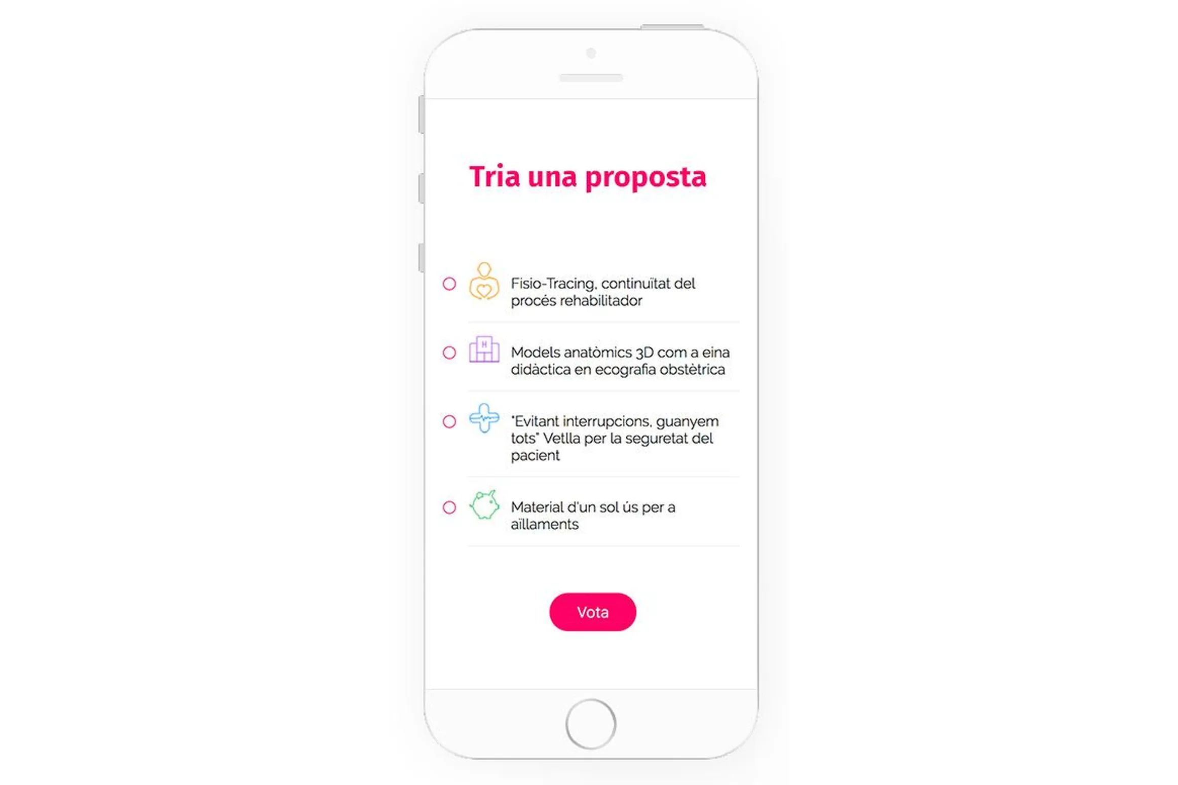 Móvil con la pantalla «Tria una proposta»: cuatro propuestas finalistas con su icono y el botón «Vota»
