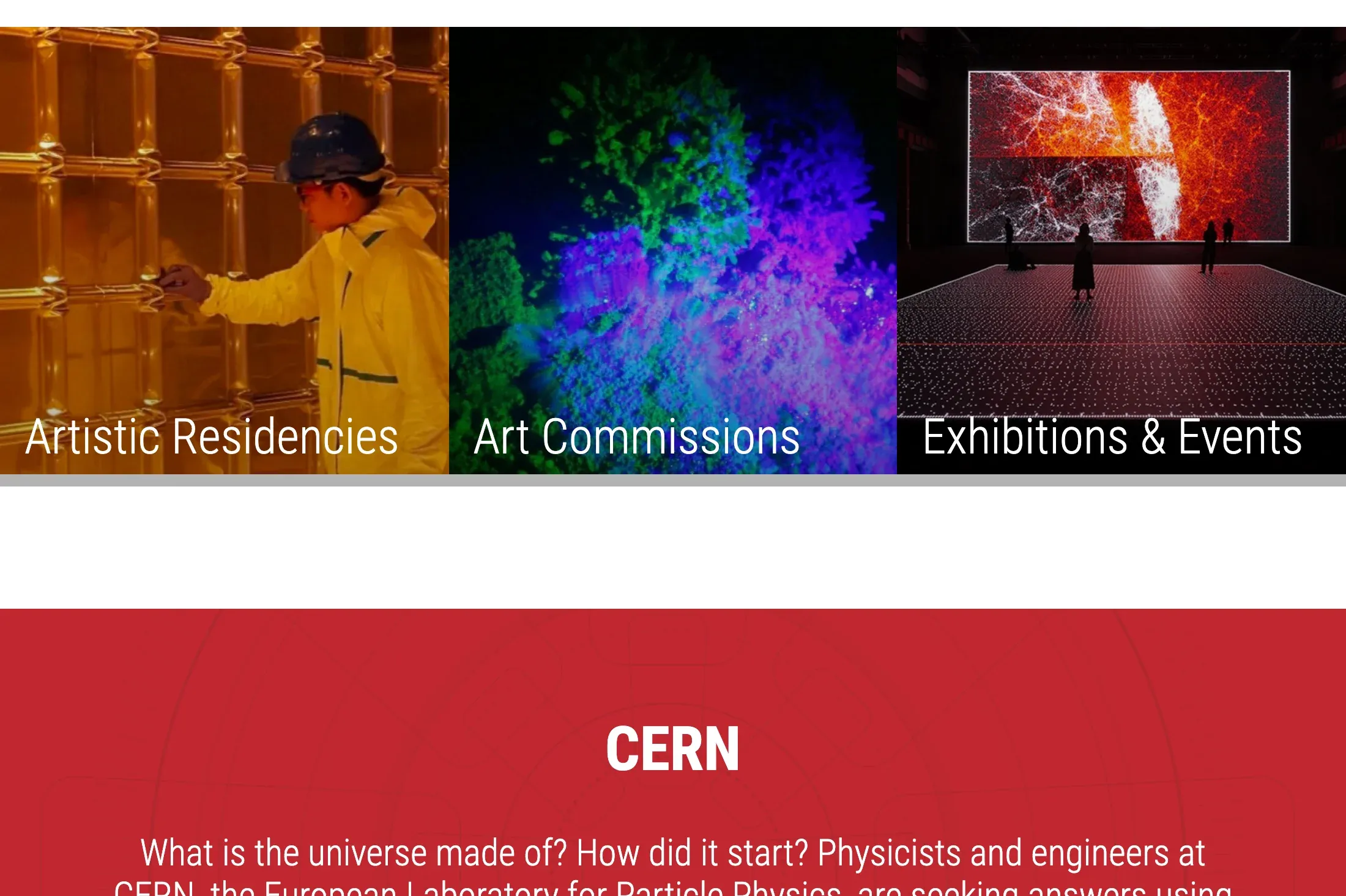 Bloque con tres fotografías de los programas Artistic Residencies, Art Commissions y Exhibitions & Events, seguido de un bloque rojo con el titular «CERN» y el texto de presentación del laboratorio.