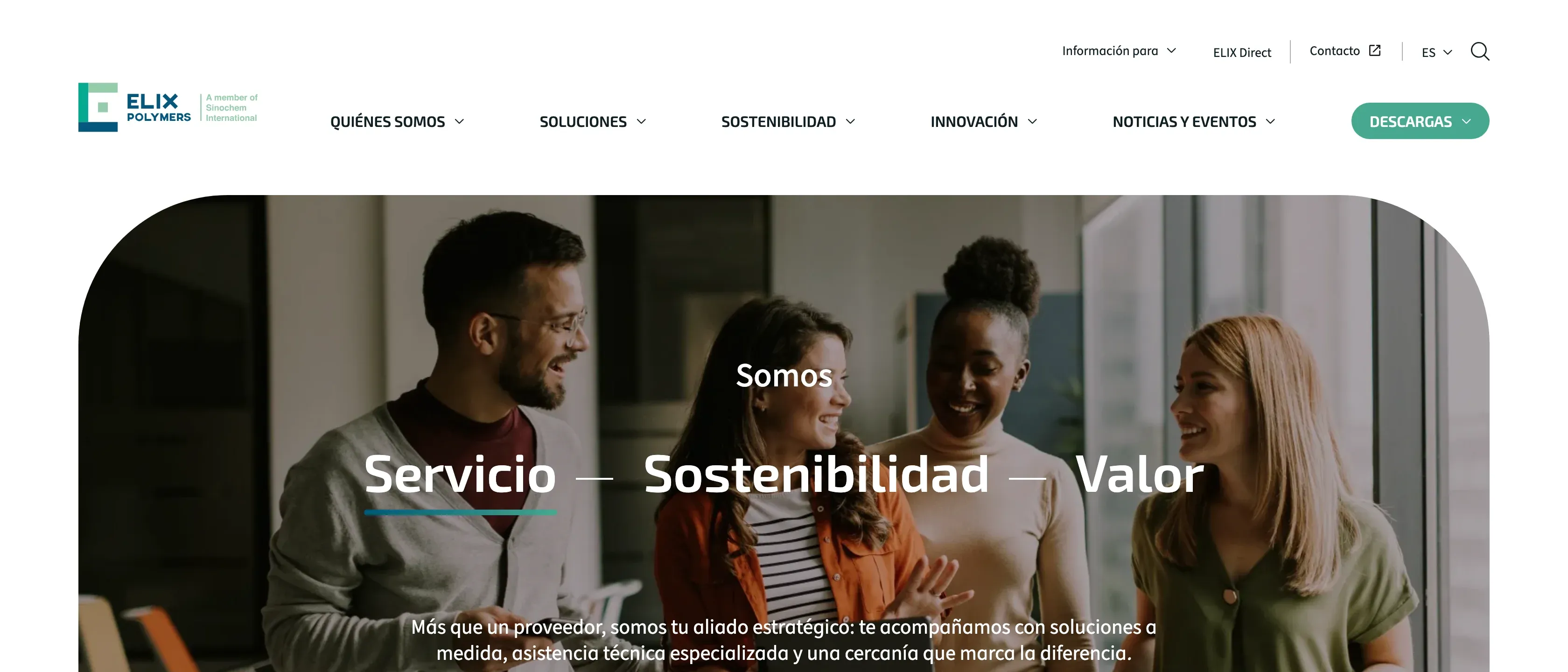 Portada de elix-polymers.com con el menú Quiénes somos, Soluciones, Sostenibilidad, Innovación y Noticias y eventos, y el hero «Servicio — Sostenibilidad — Valor» sobre una foto de un equipo conversando.